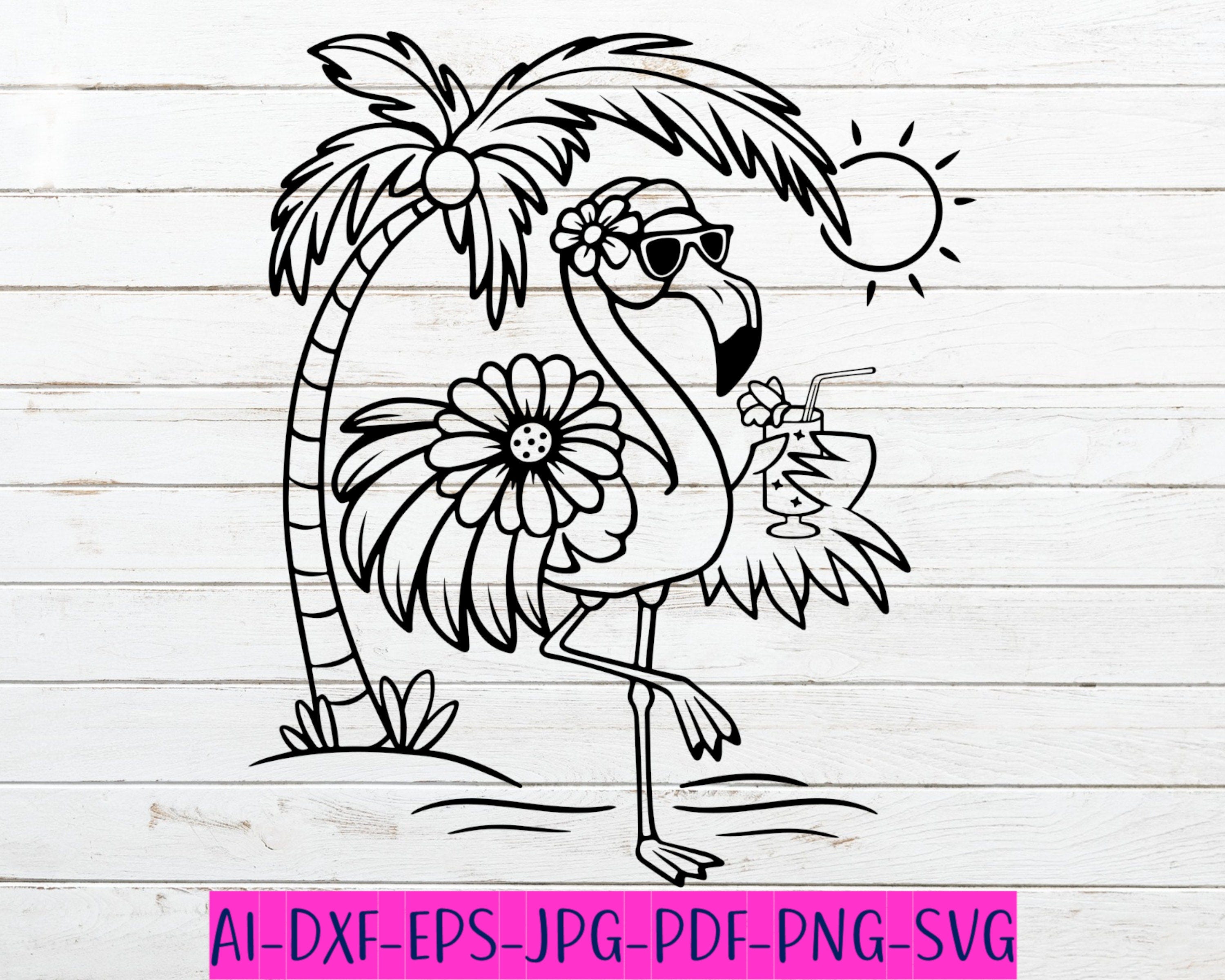 Floral Flamingo SVG, Beach Svg, Summer Svg Png, Animal Svg Png, Flamingo with Drink, Hawaiian Flowers Svg, Layered Flamingo Svg Png