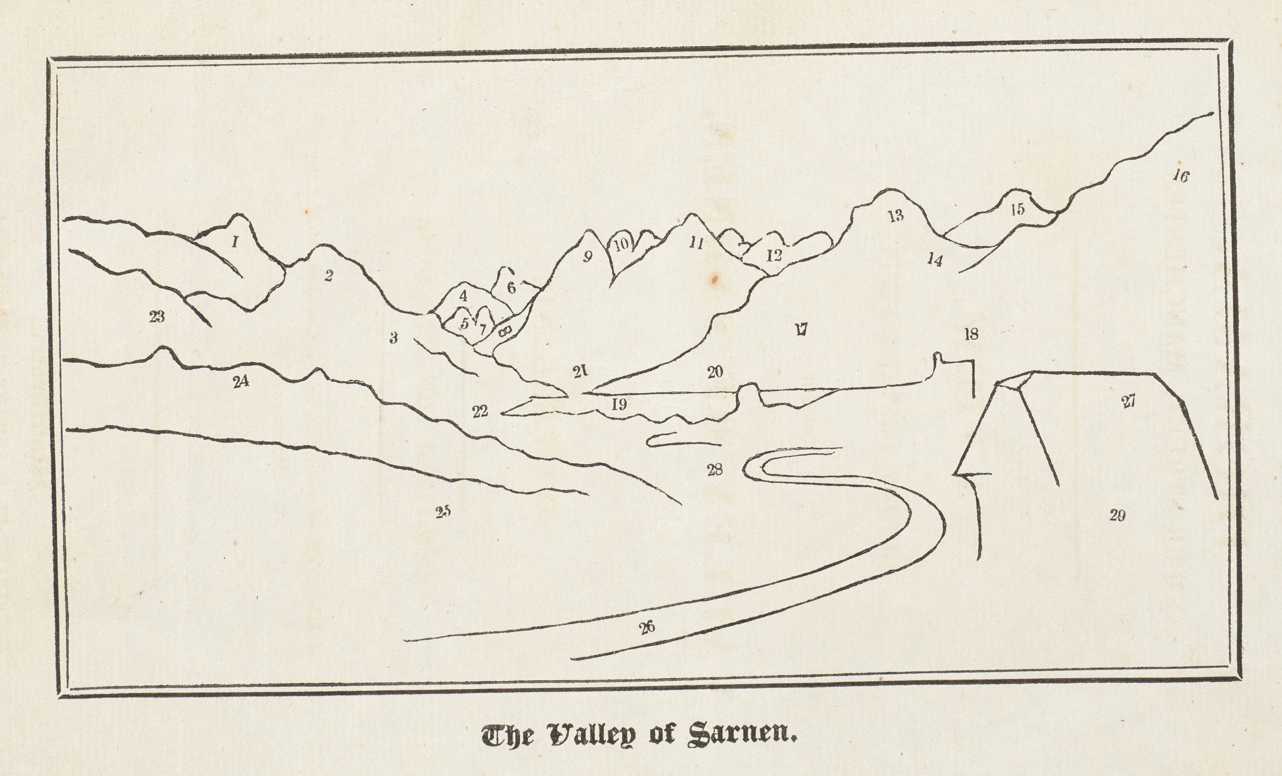 Line drawing of a mountain range with a stream and cabin in the foreground. The features are numbered from one to twenty-nine