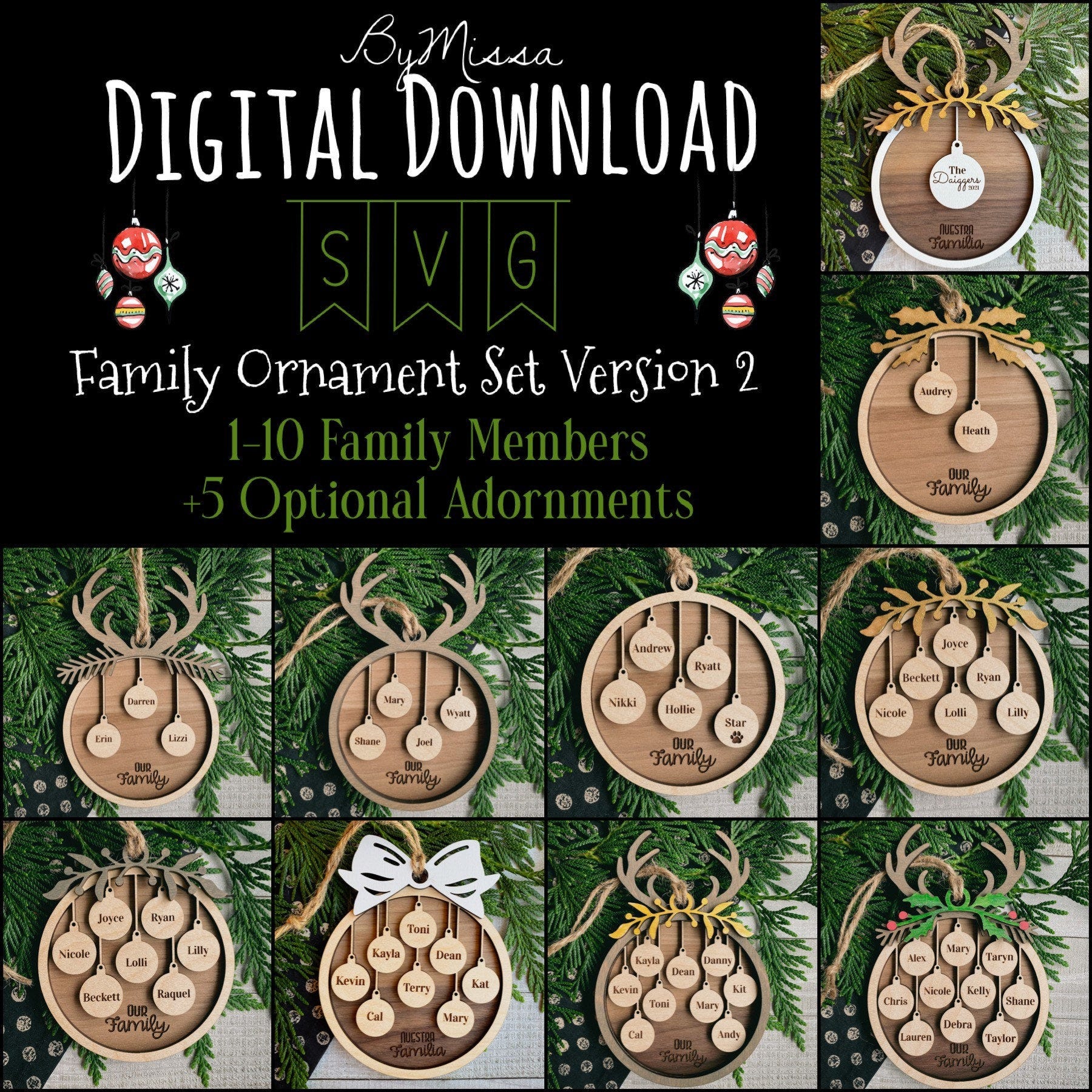 1-10 Family Ornament Set Version TWO | SVG | Glowforge and Laser Cutting
