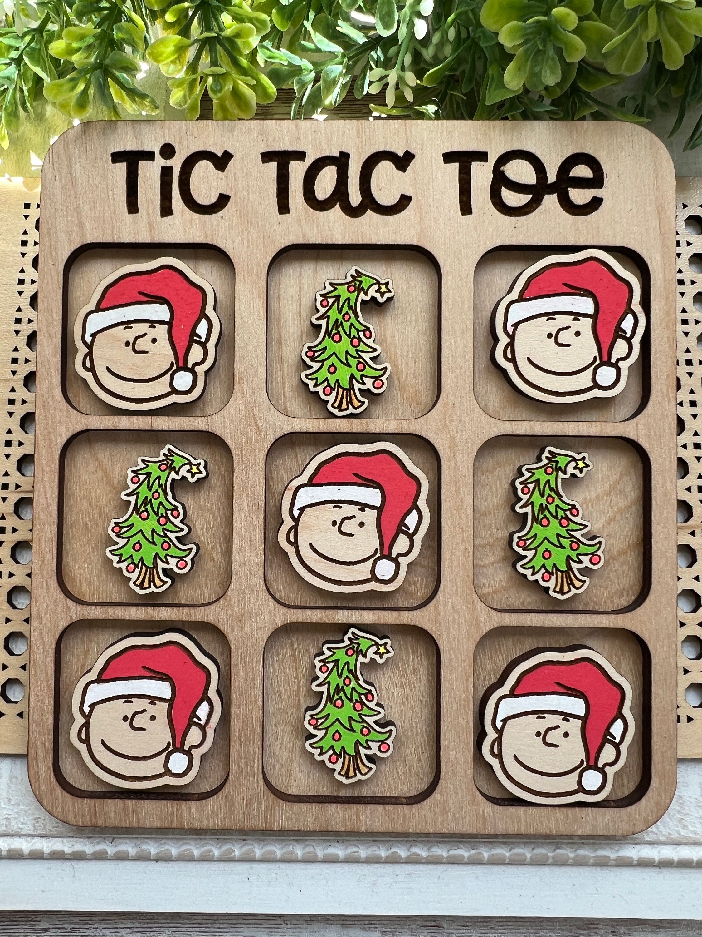 Comic character  Christmas with Santa hat and tree  hand painted wood tic tac toe board