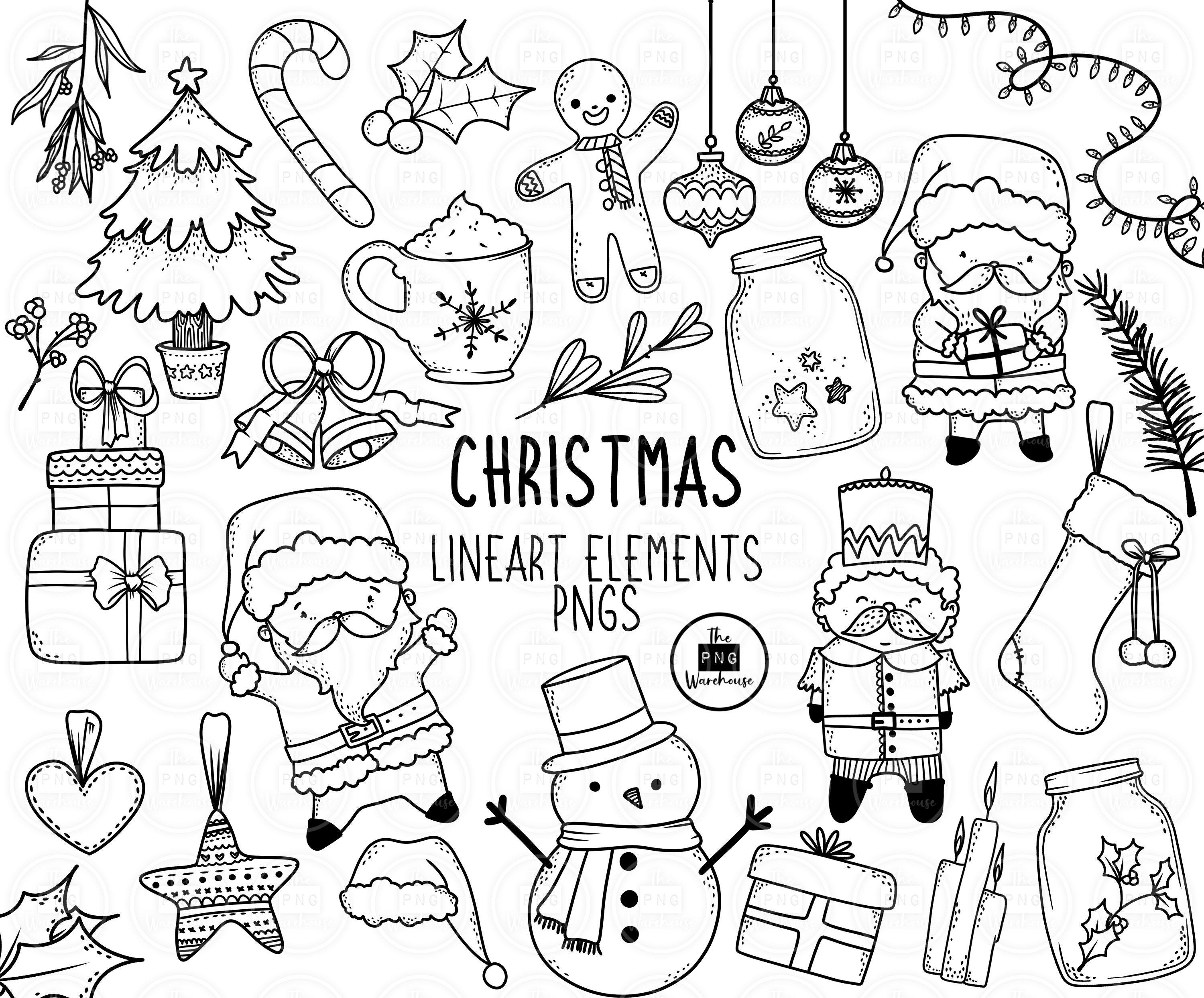CHRISTMAS Lineart Elements - 29 png clip art designs - instant download 300 dpi line art non filled hand drawn elements doodles black xmas