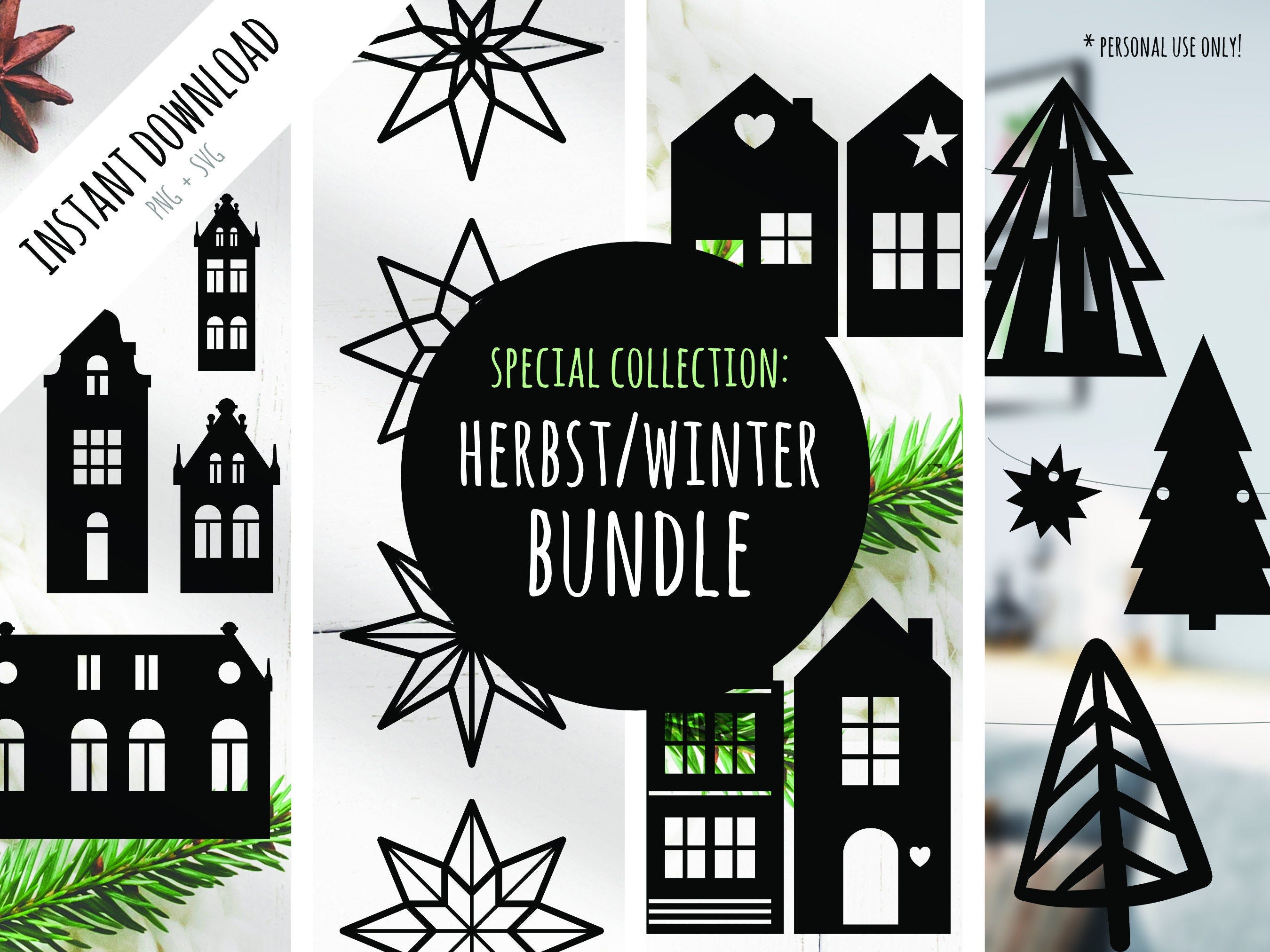 Digital craft bundle autumn / winter: winter decoration silhouettes for printing and plotter file (svg + png)