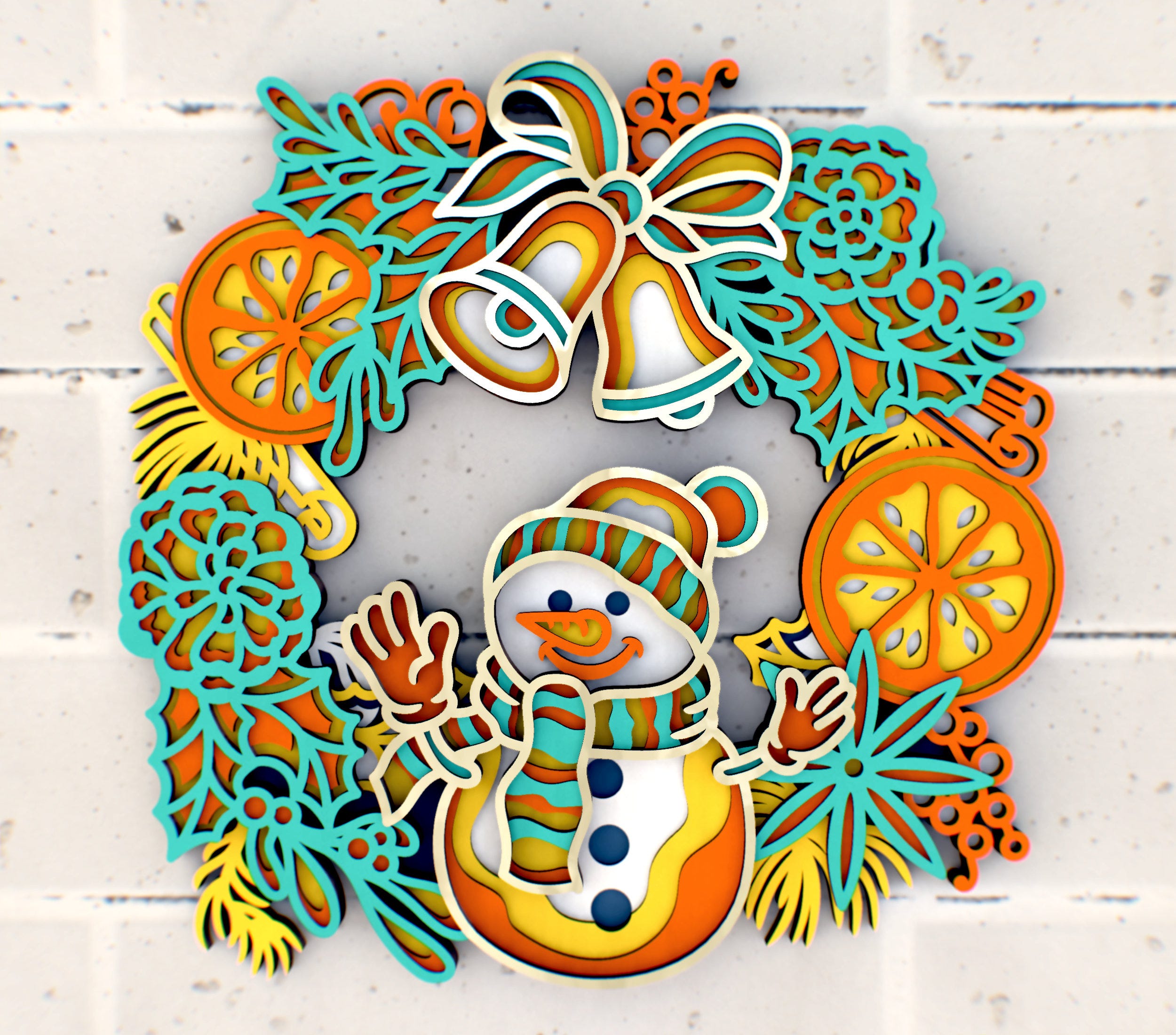 Christmas wreath with snowman 3D Mandala SVG files, New Year Decoration Laser Cutting Plans, Cricut, Glowforge, DXF Templates for CNC router