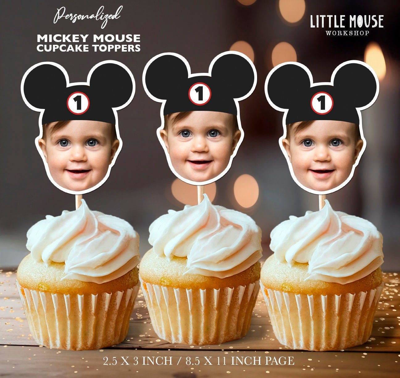 Mickey Mouse Ears Personalized Face Cupcake Toppers