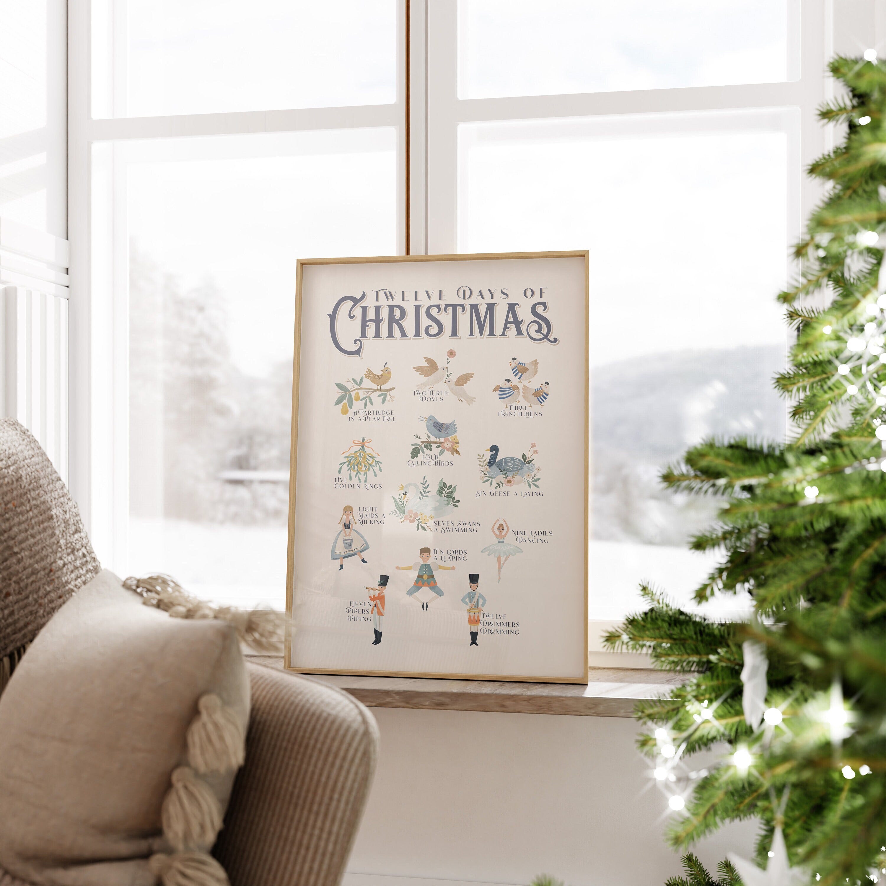 Twelve Days of Christmas Print, Christmas printable wall art, Holiday vintage blue Christmas Wall Decor, Christmas Song print