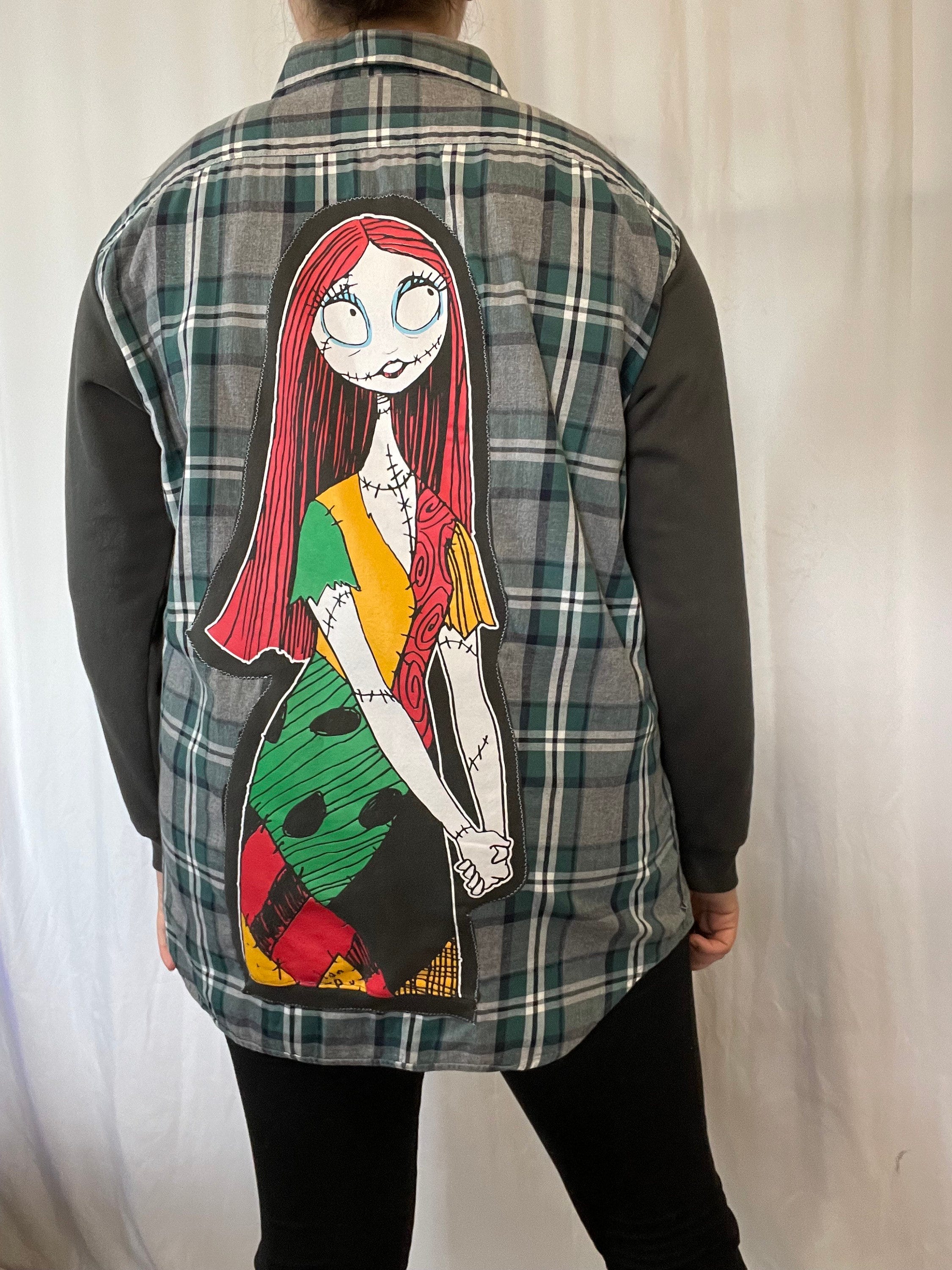 Nightmare before Christmas Upcycled Long Sleeve Flannel Sweatshirt Hybrid Button Down Shirt unisex Size L/ XL  Grey Green Plaid 1 of a kind