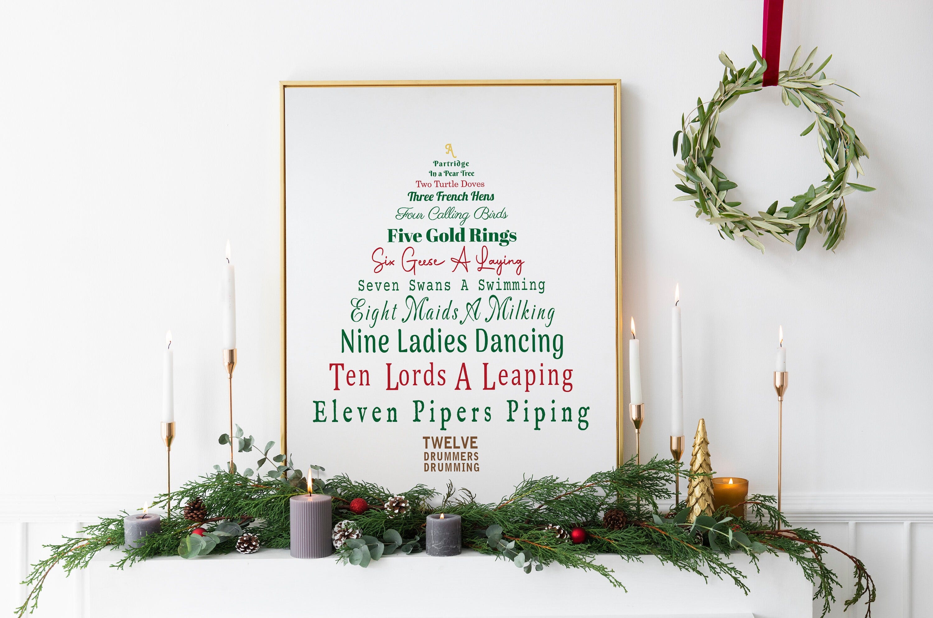 12 Days of Christmas Digital Print. Classic Christmas Carols Typography Xmas Tree Holiday Home Decor Wall Art. Christmas Card Gift Tags