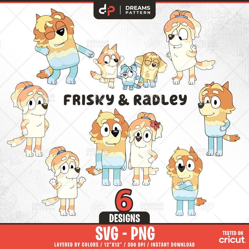 Blue Dog Frisky and Radley Svg, 6 Designs Easy to use, Cartoon Characters, Layered Svg by colors, Transparent Png, Cut files for Cricut.