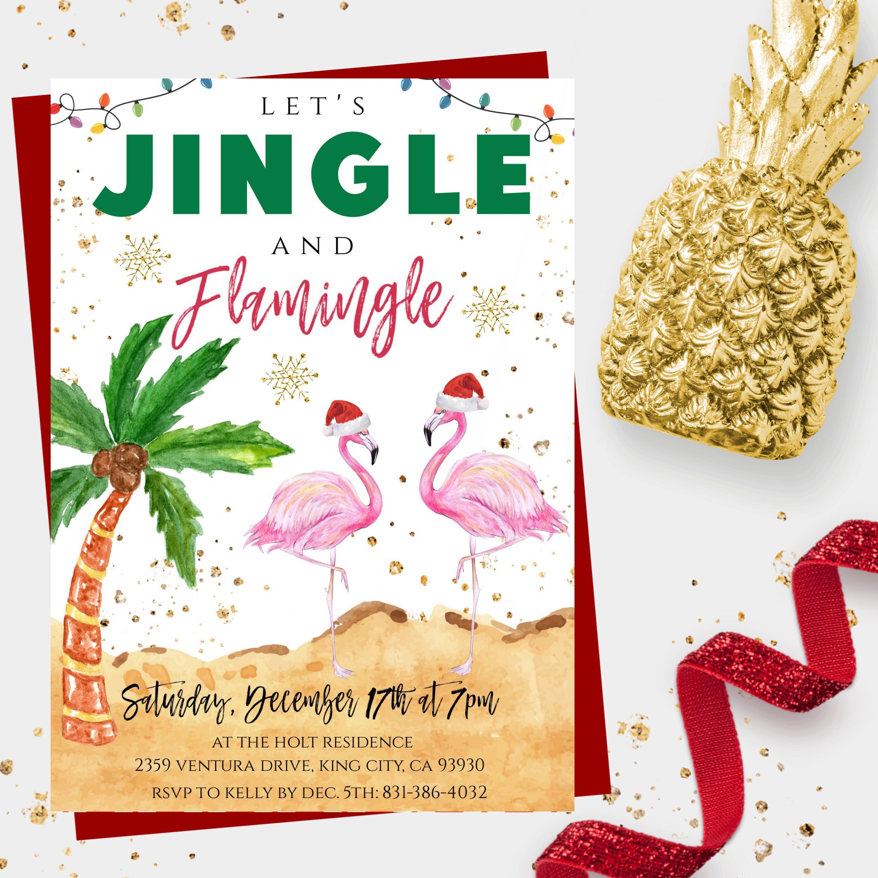 Jingle and Flamingle Christmas Party Invitation Template, Editable Flamingo Tropical Holiday Party Invite, Printable Work Christmas Party