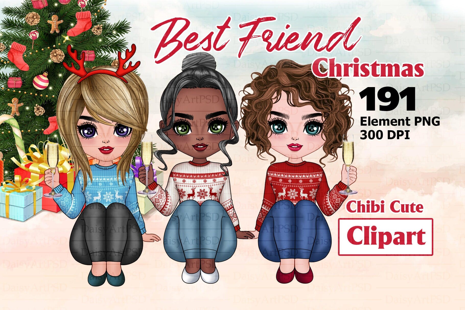 Christmas Best Friends Sitting Chibi Cute Clipart 02, Besties clipart, Xmas Girl, Soul Sisters Clipart, Customizable PNG.