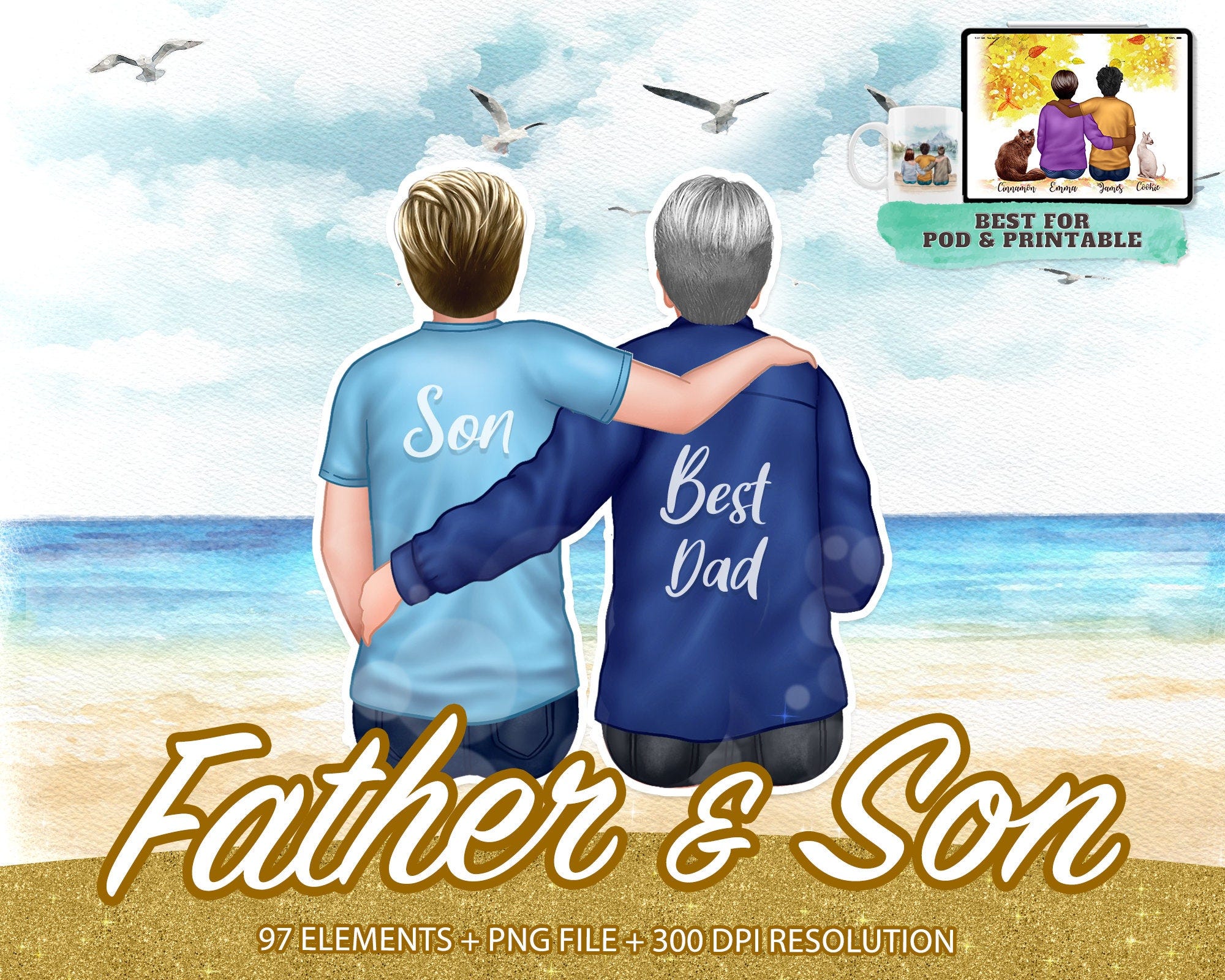 Father and Son sitting clipart, Watercolor step Father, single dad, step son sit portrait PNG, Father