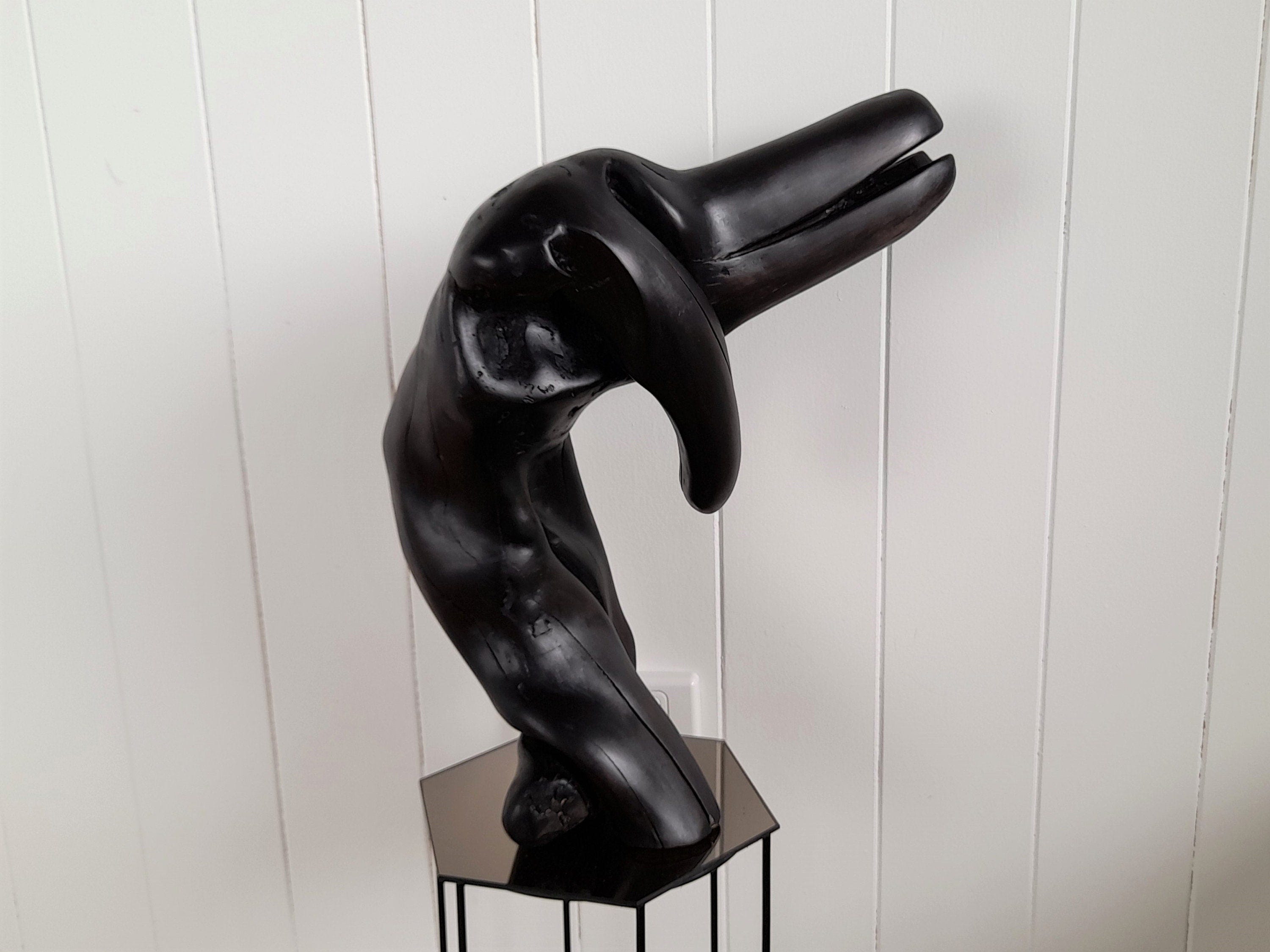 Black Wood art sculpture, Natural Australian wood art ornament, Decorative black figurative art sculpture, Black wooden dog with floppy ear