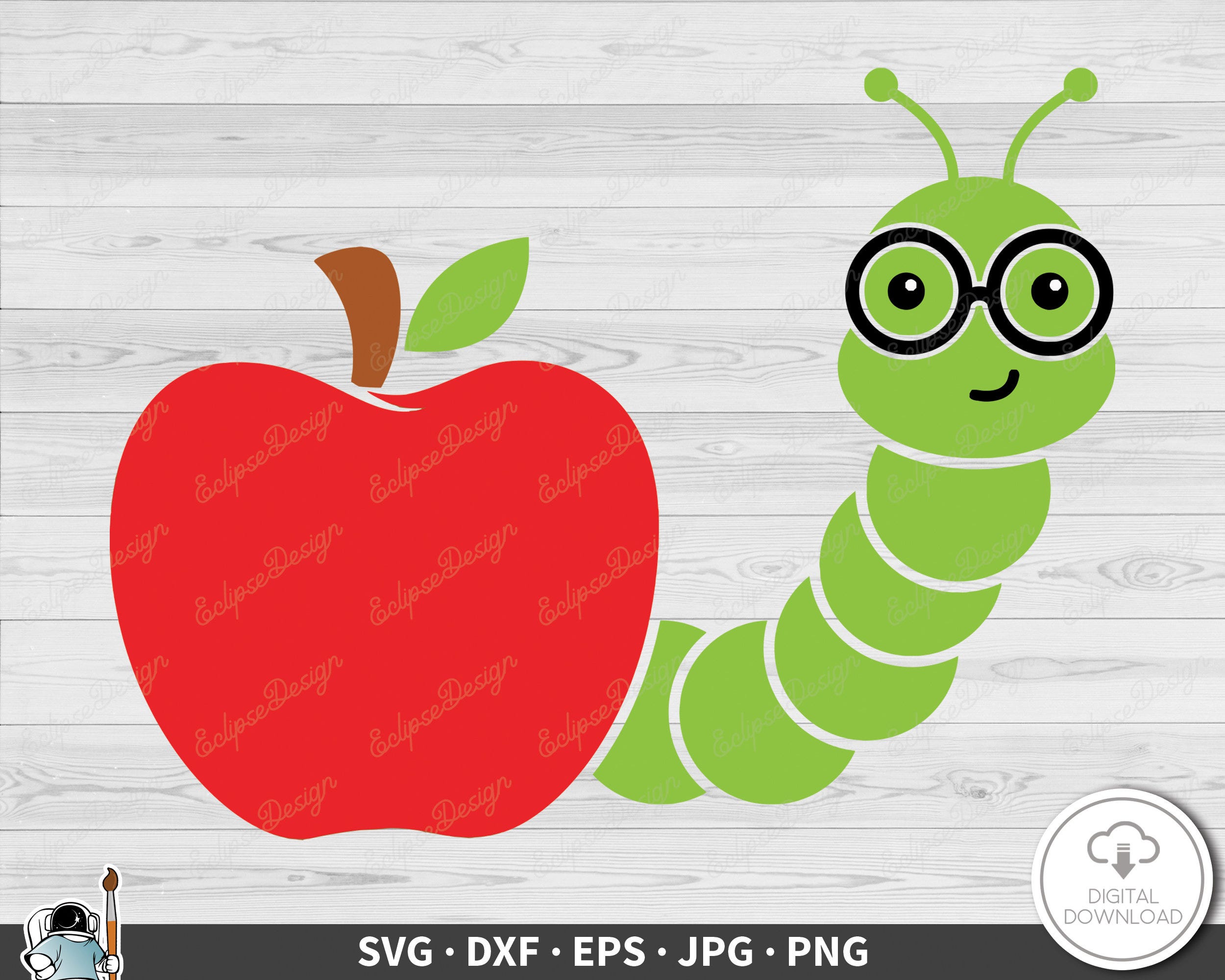 Apple and Worm SVG • School Teacher Clip Art Cut File Silhouette dxf eps png jpg • Instant Digital Download