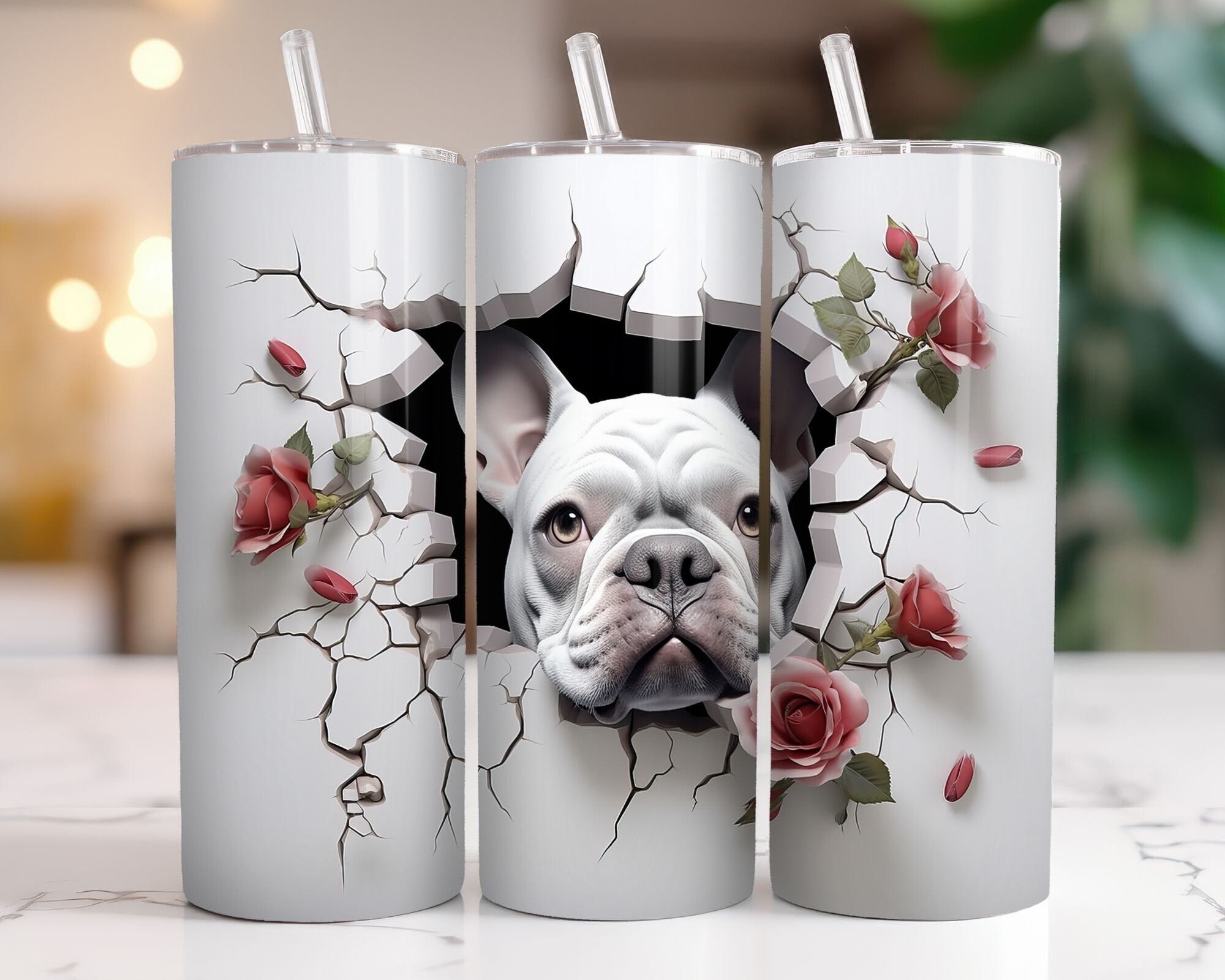 3D French Bulldog Tumbler Wrap Design PNG 3D Tumbler Design For 20 Oz Skinny Tumbler Template 3D Roses Sublimation PNG Digital Downloads