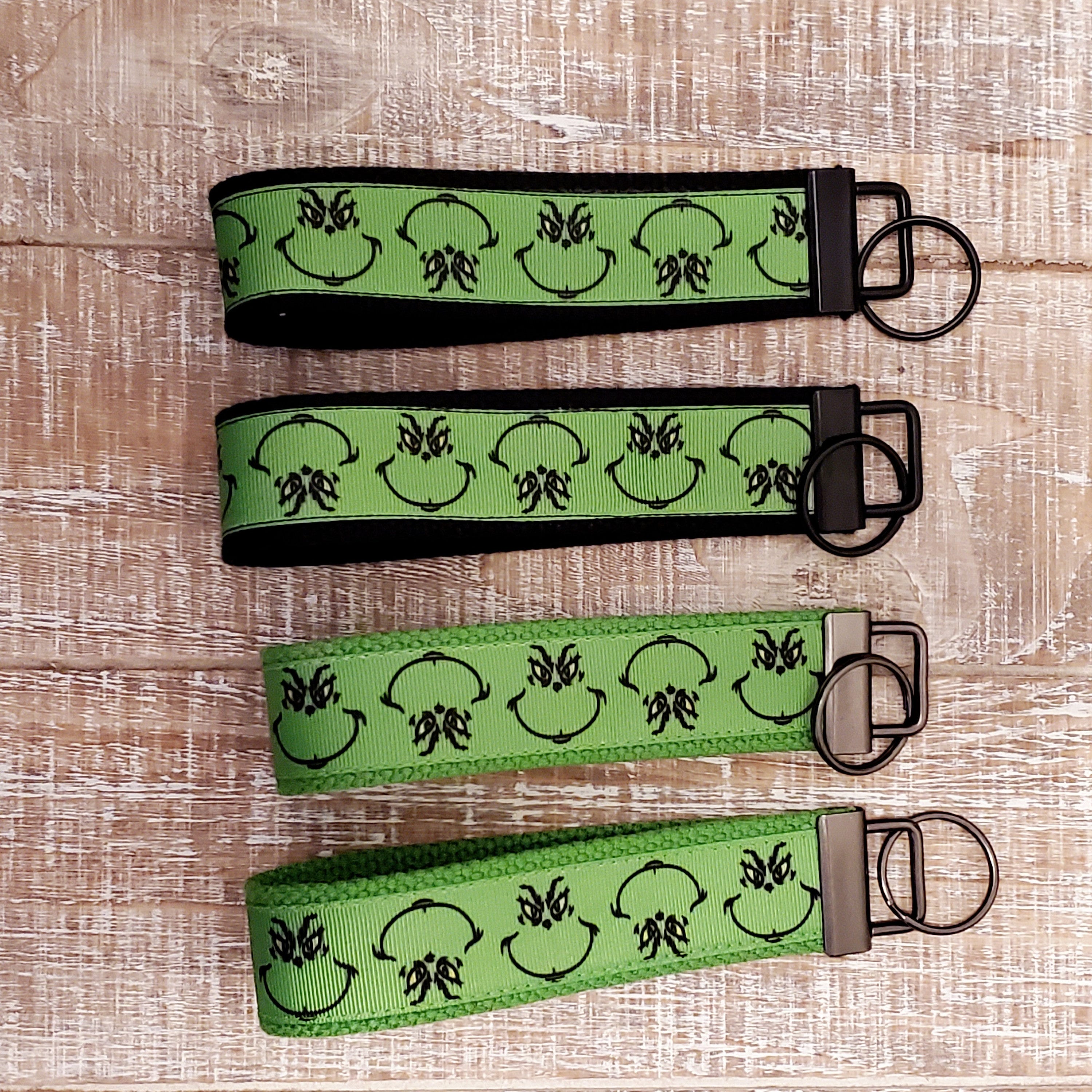 Grinch Keychain Wristlet Lanyard, Key Fob Cotton Webbing, Stainless Steel or Black Hardware