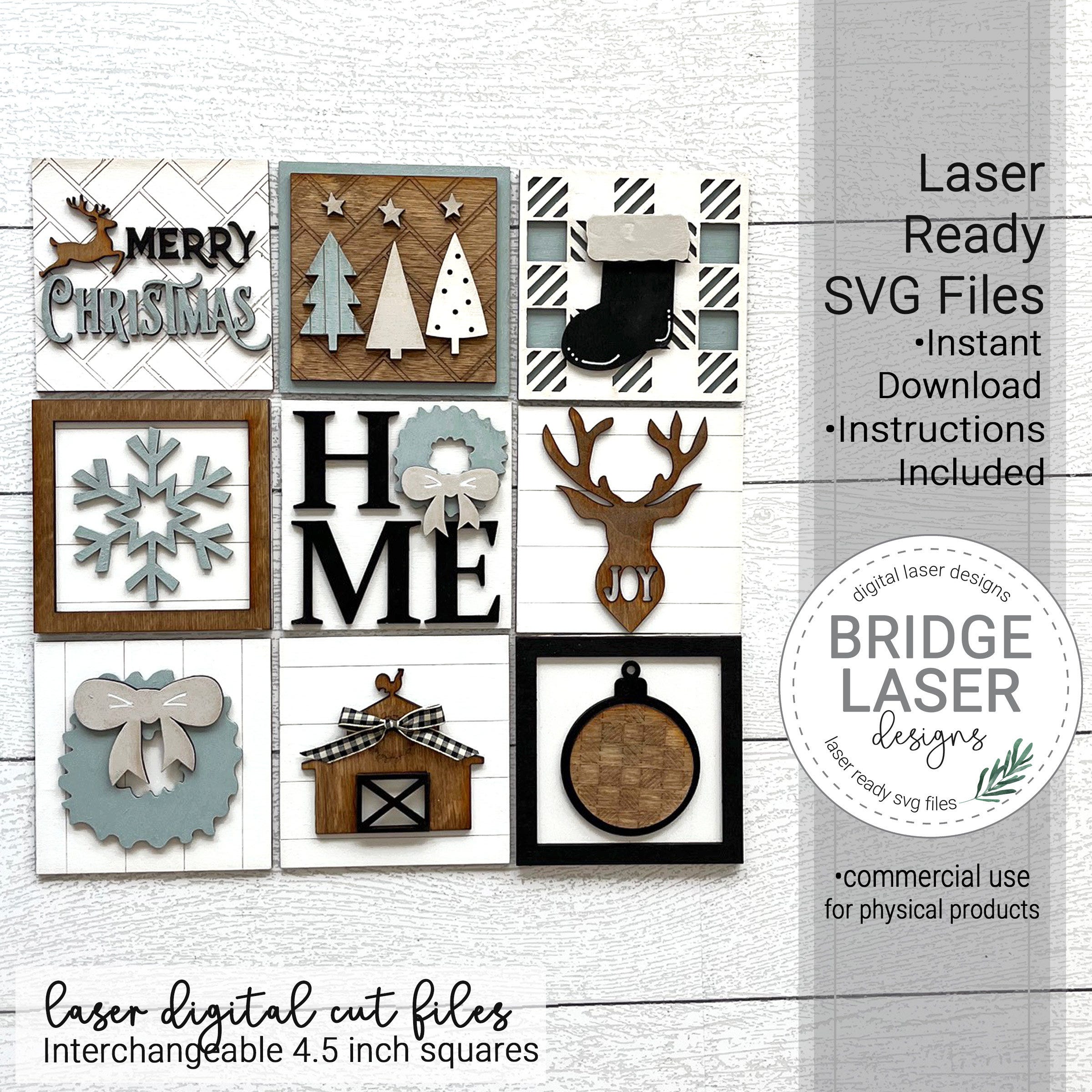 Farmhouse Christmas Laser Cut Designs, Christmas Interchangeable Leaning Sign Bundle File SVG, Christmas Tiered Tray Files, Christmas Square