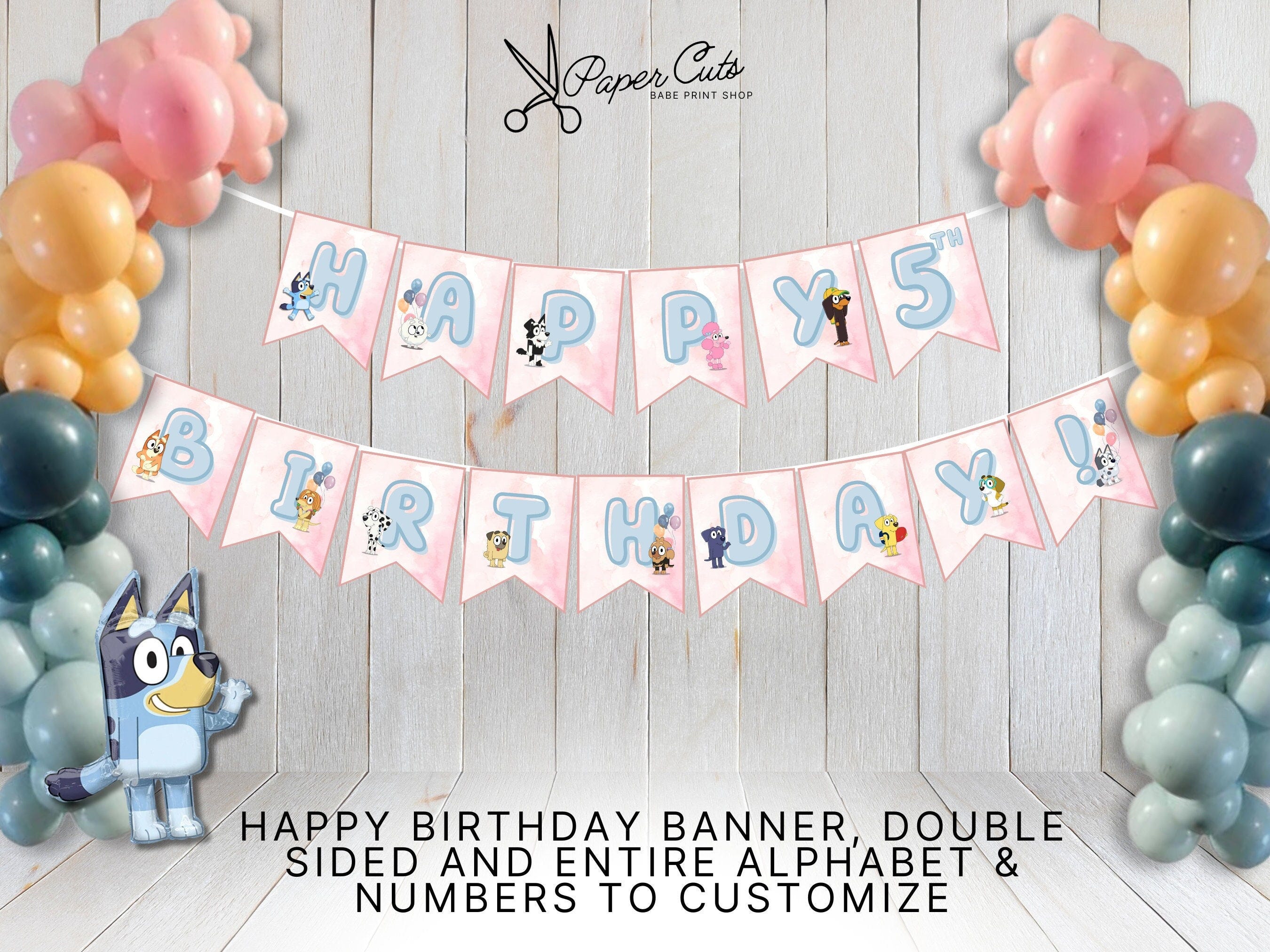 Custom Bluey Pink Rainbow Happy Birthday Banner | Numbered | Personalized Cake Topper Bunting | Dog Party | Double sided Instant Download