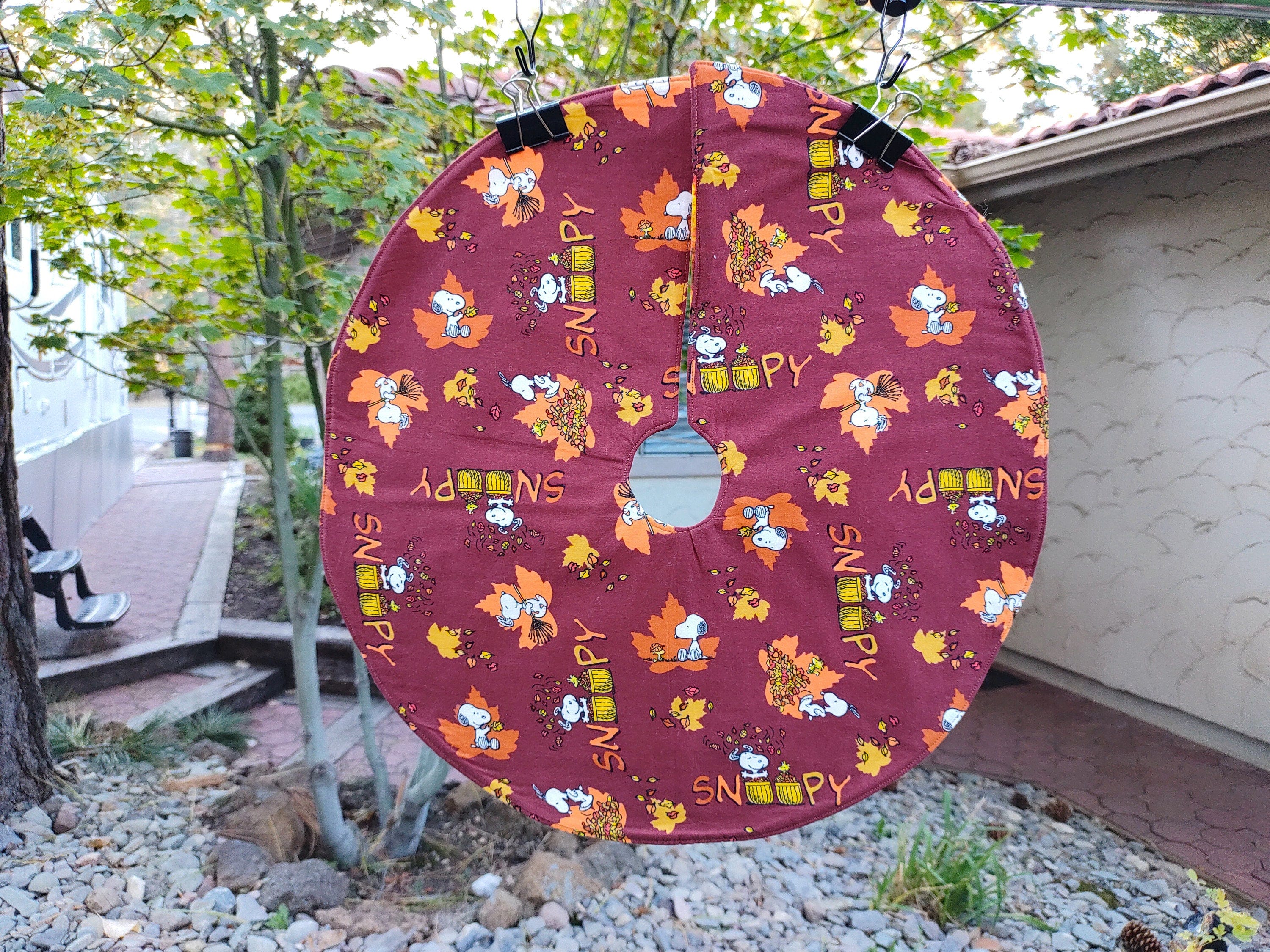 Handmade Mini 19" Christmas tree skirt reversible Fall Thanksgiving harvest snoopy Peanuts leaves Autumn