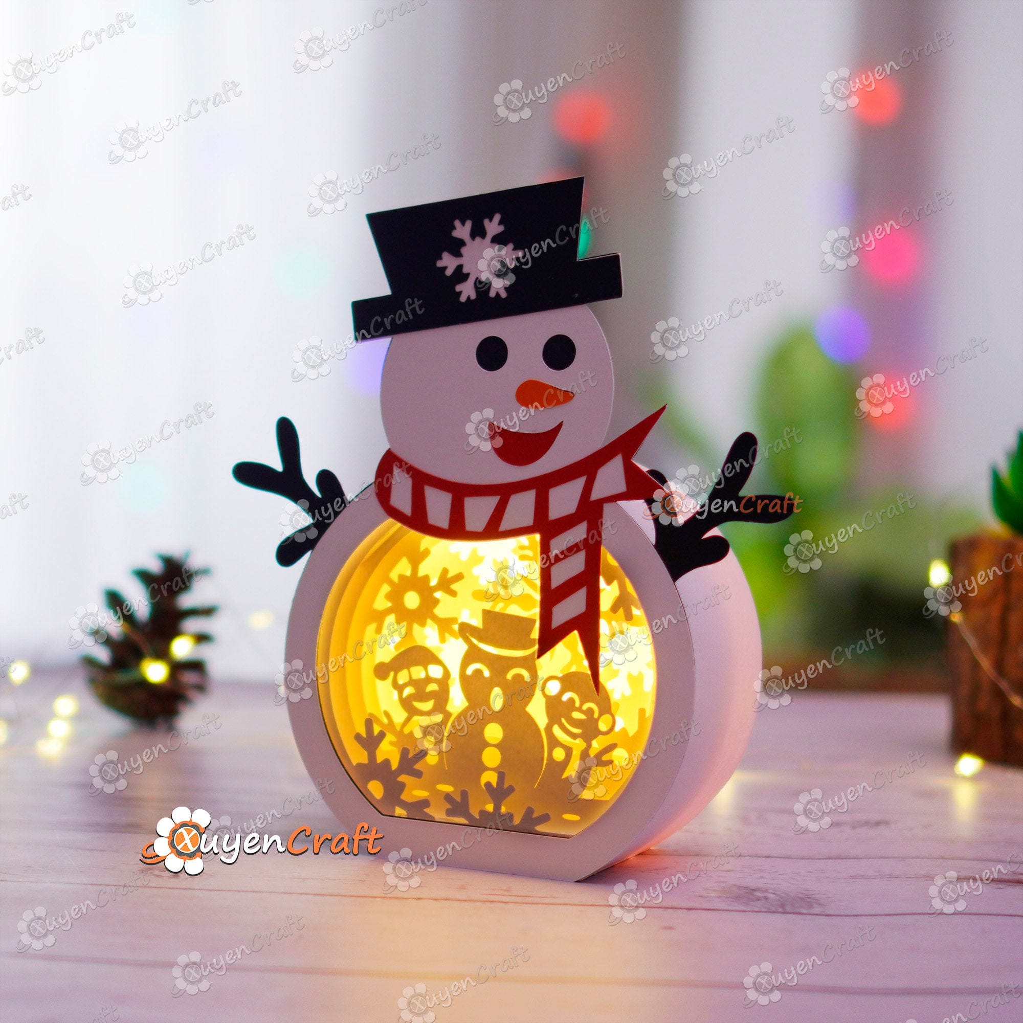 Snowman Shadow Box SVG Template for Cricut Projects - DIY Christmas Lantern, Paper Cut Template For Christmas Decor - Snowman Lightbox
