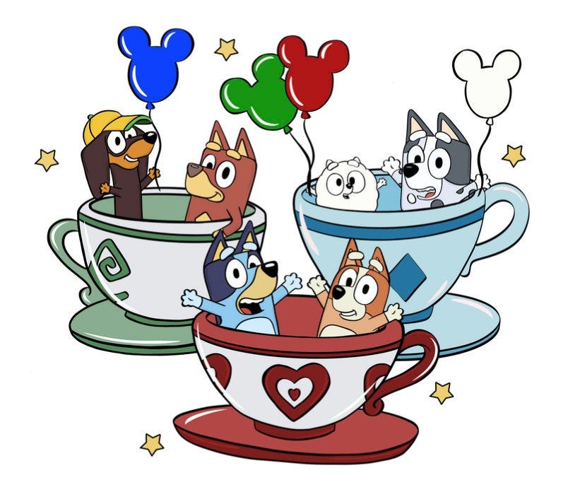 Blue Dog & Friends riding teacups - Red, Green, Blue - PNG