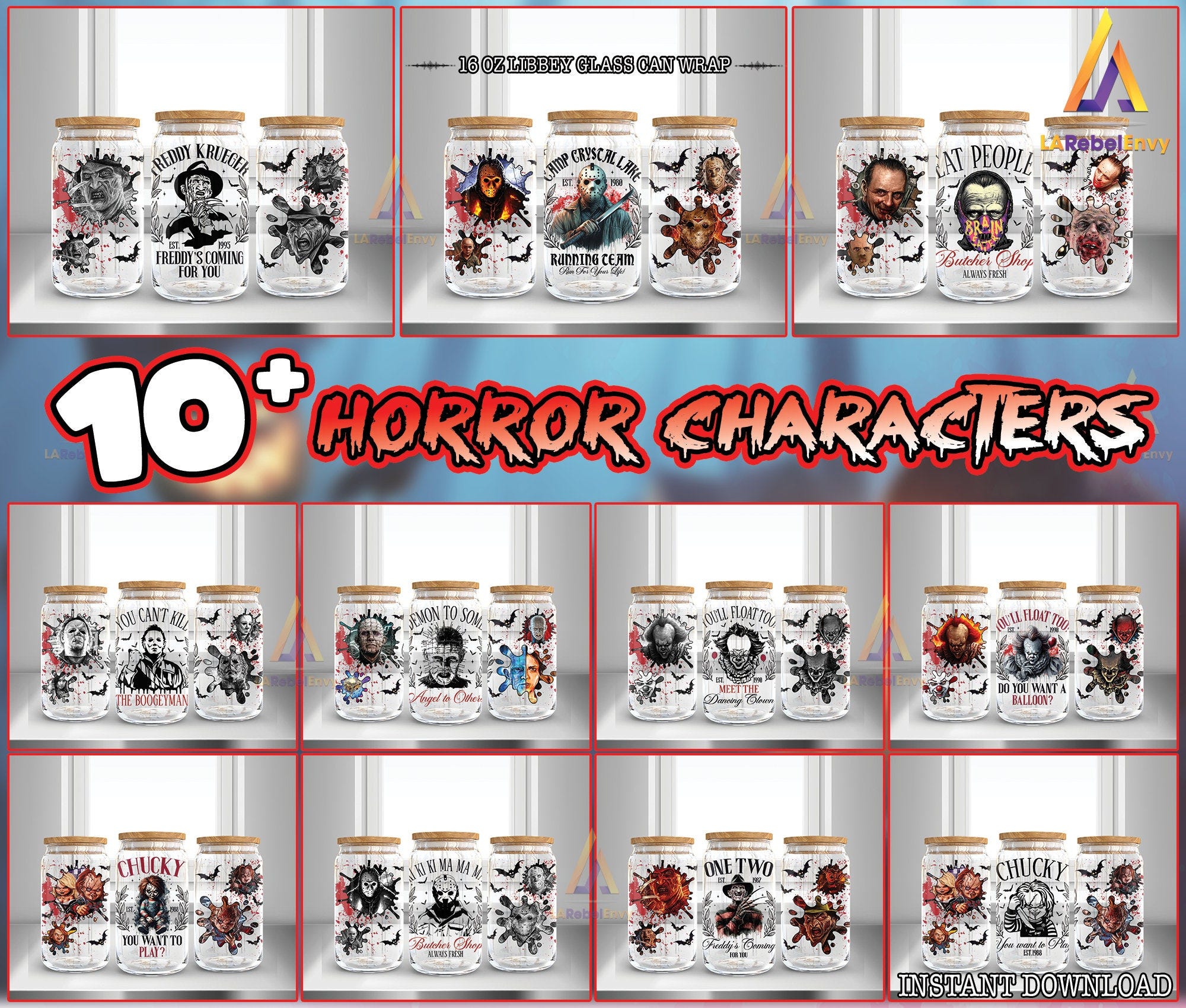 14 Designs Horror Character Bundle For 16oz Libbey Glass Can Wrap Png, Retro Horror Png, Horror 16oz Tumbler Template Png, Digital Download