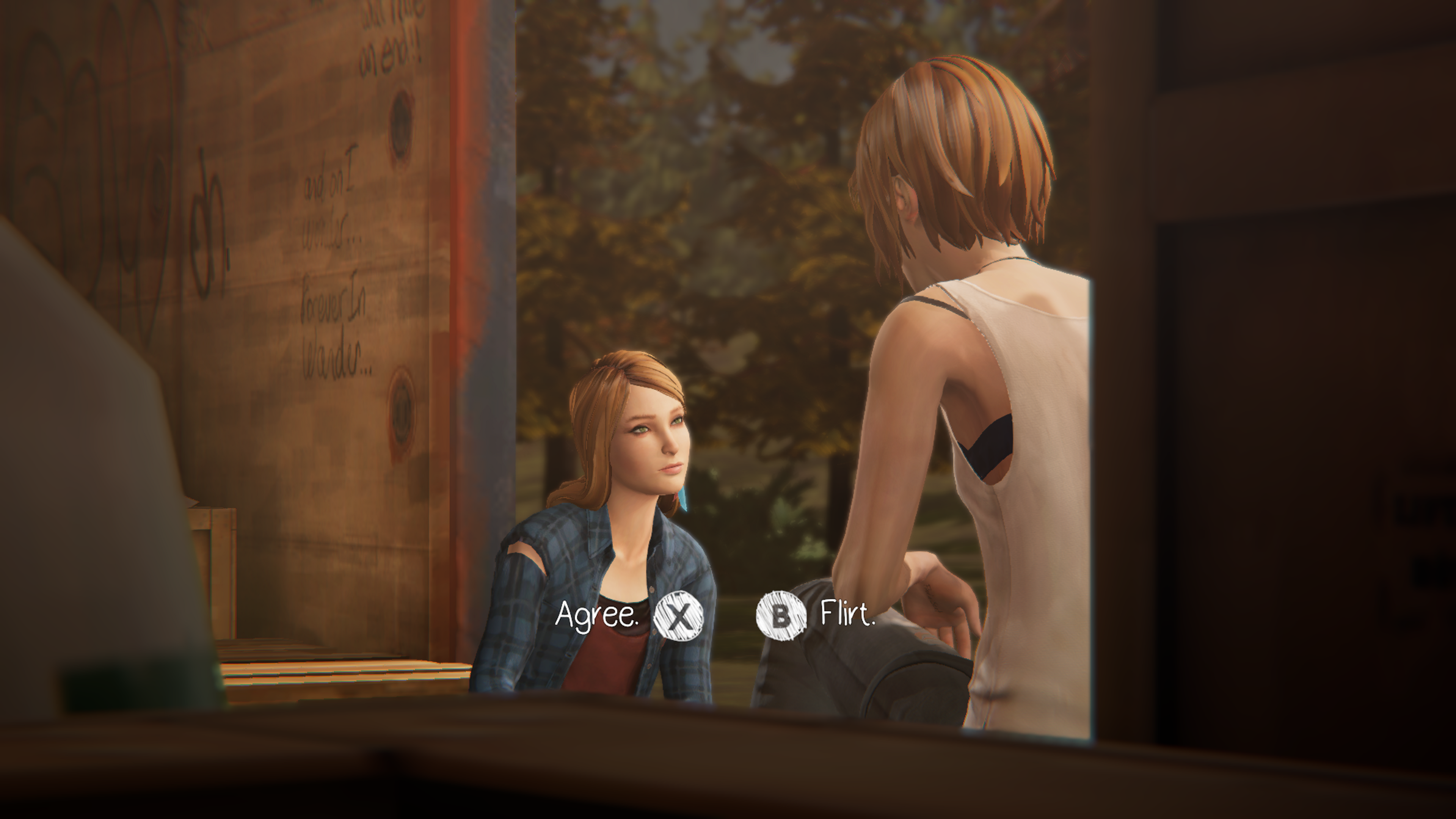 Chloe and Rachel on a cargo train with trees passing by. Chloe’s back is to the camera, with Rachel facing her. On screen is the dialogue options “Agree” or “Flirt”