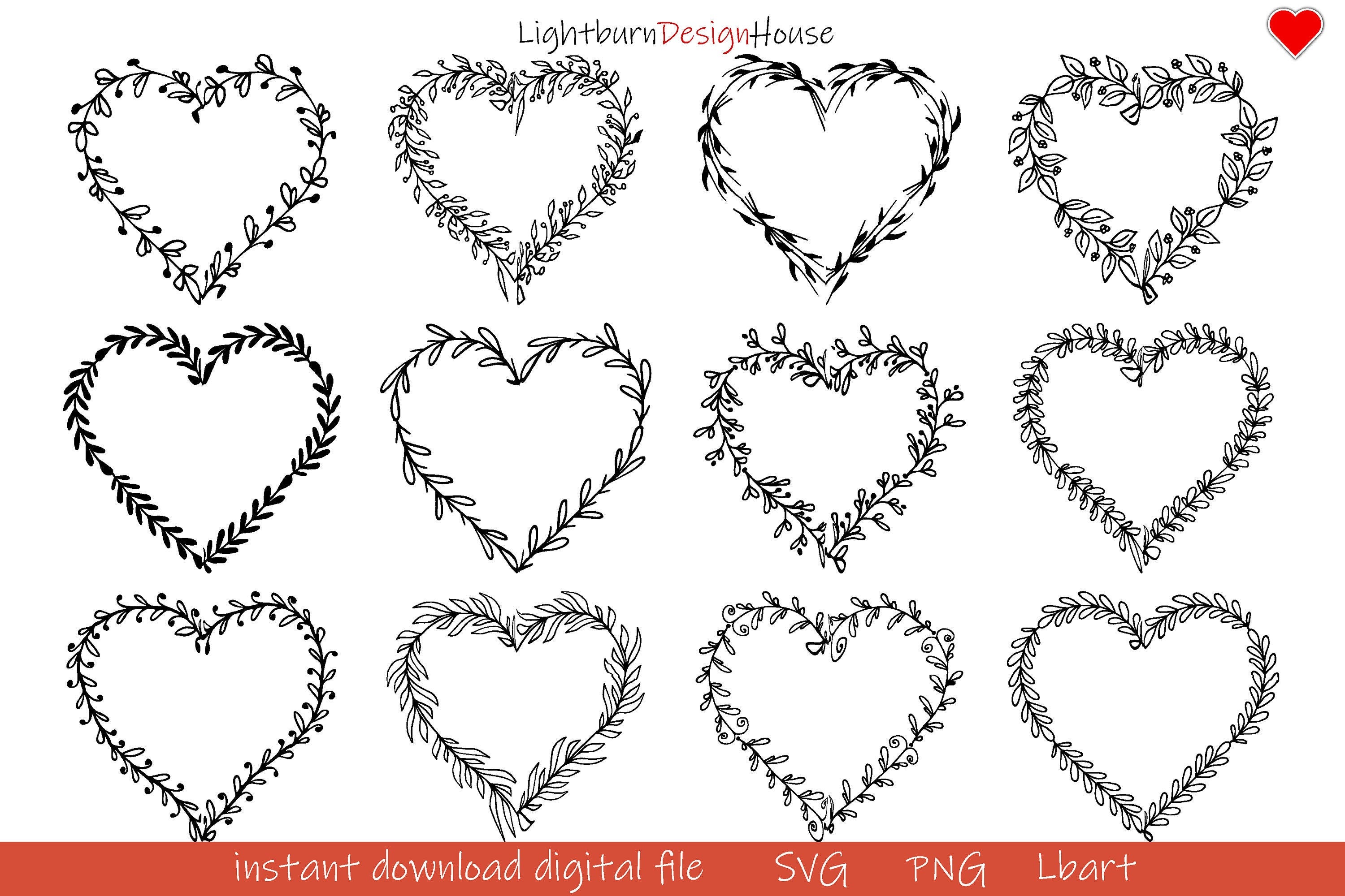 150 SVG Png Heart Wreath and Floral Leafy Vector Bundle Patterns For Laser Lightburn Art LLibrary Files, Merry Christmas Circle Frame wreath