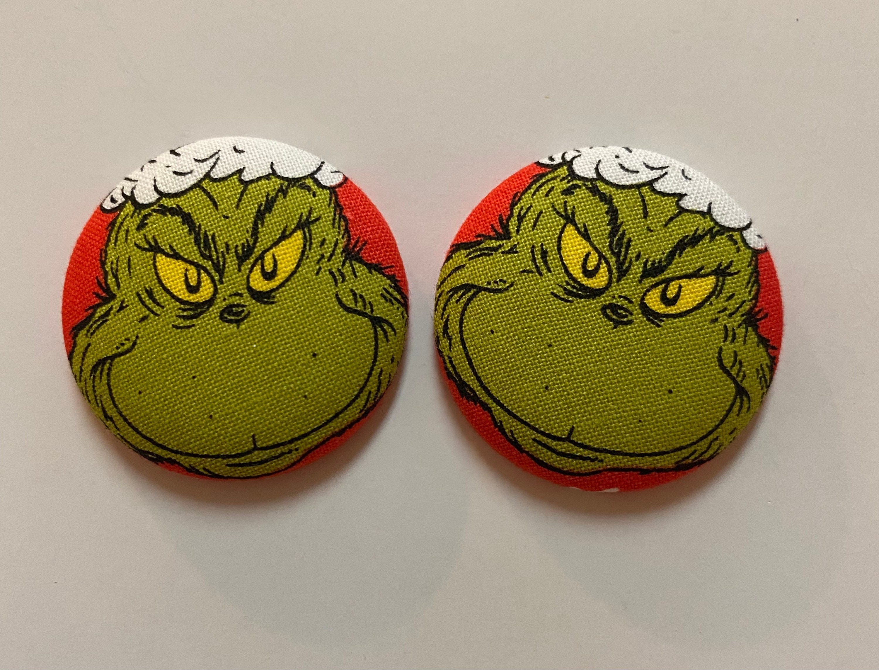 Grinch Face Button Earrings:Large Buttons, Fabric Button Earrings