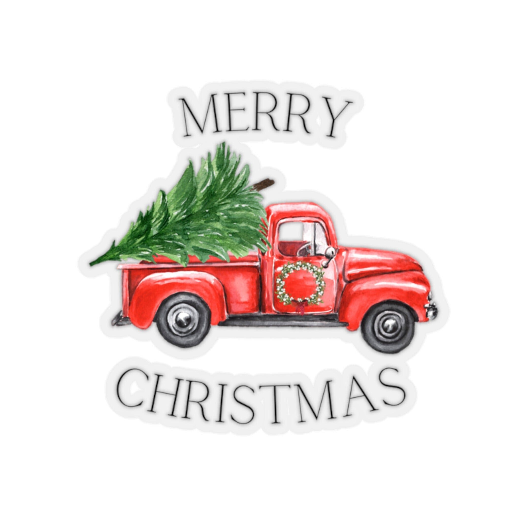Christmas Tree Truck vinyl decal, Classic Red Truck Vintage Truck Christmas Sticker, Merry Christmas Sticker 4x4, 6x6 Holiday Stickers