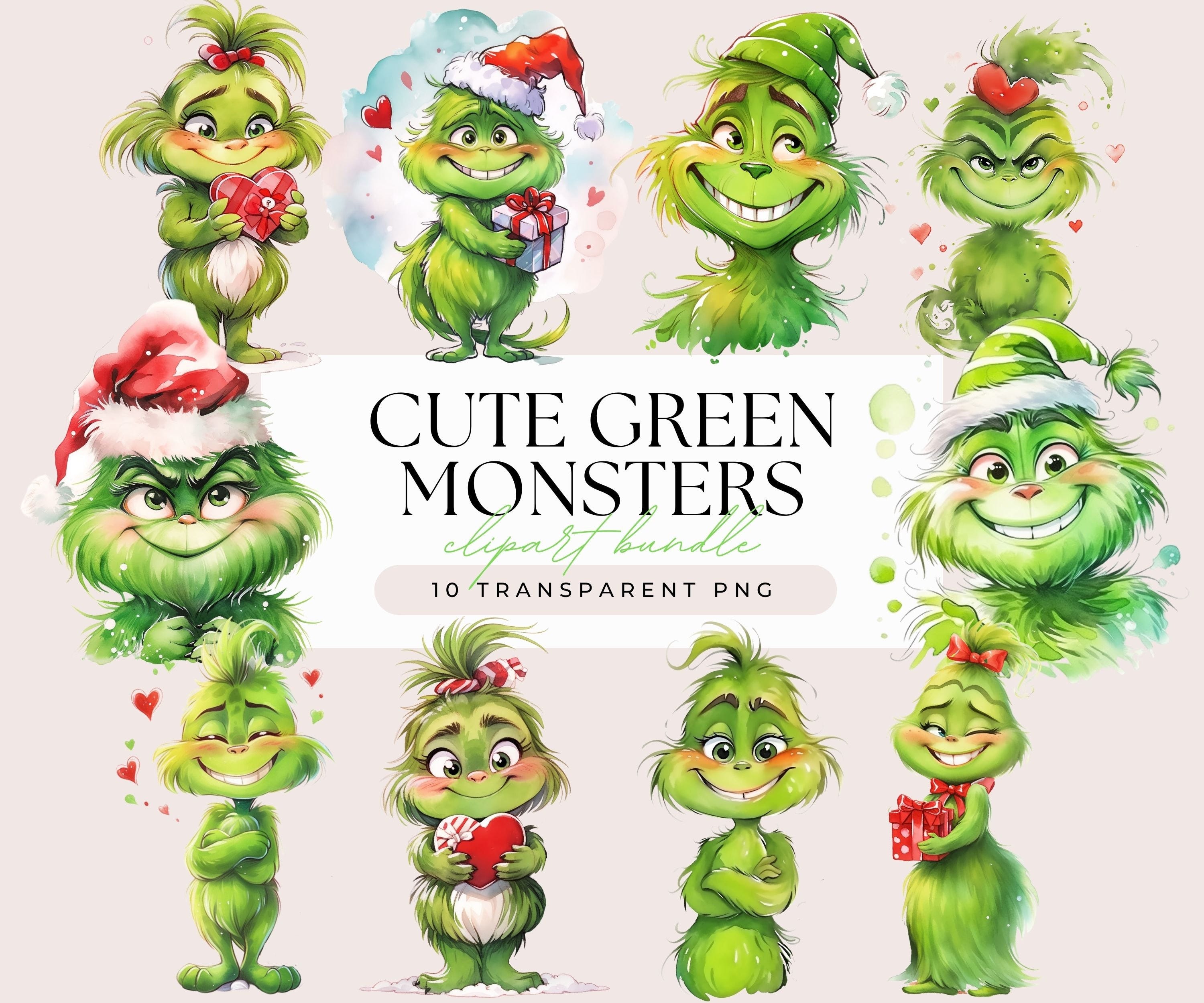Cute Green Monster Clipart Bundle - Watercolor Christmas Festive Green Fluffy Movie Monsters - Transparent Background 10 PNG Graphics