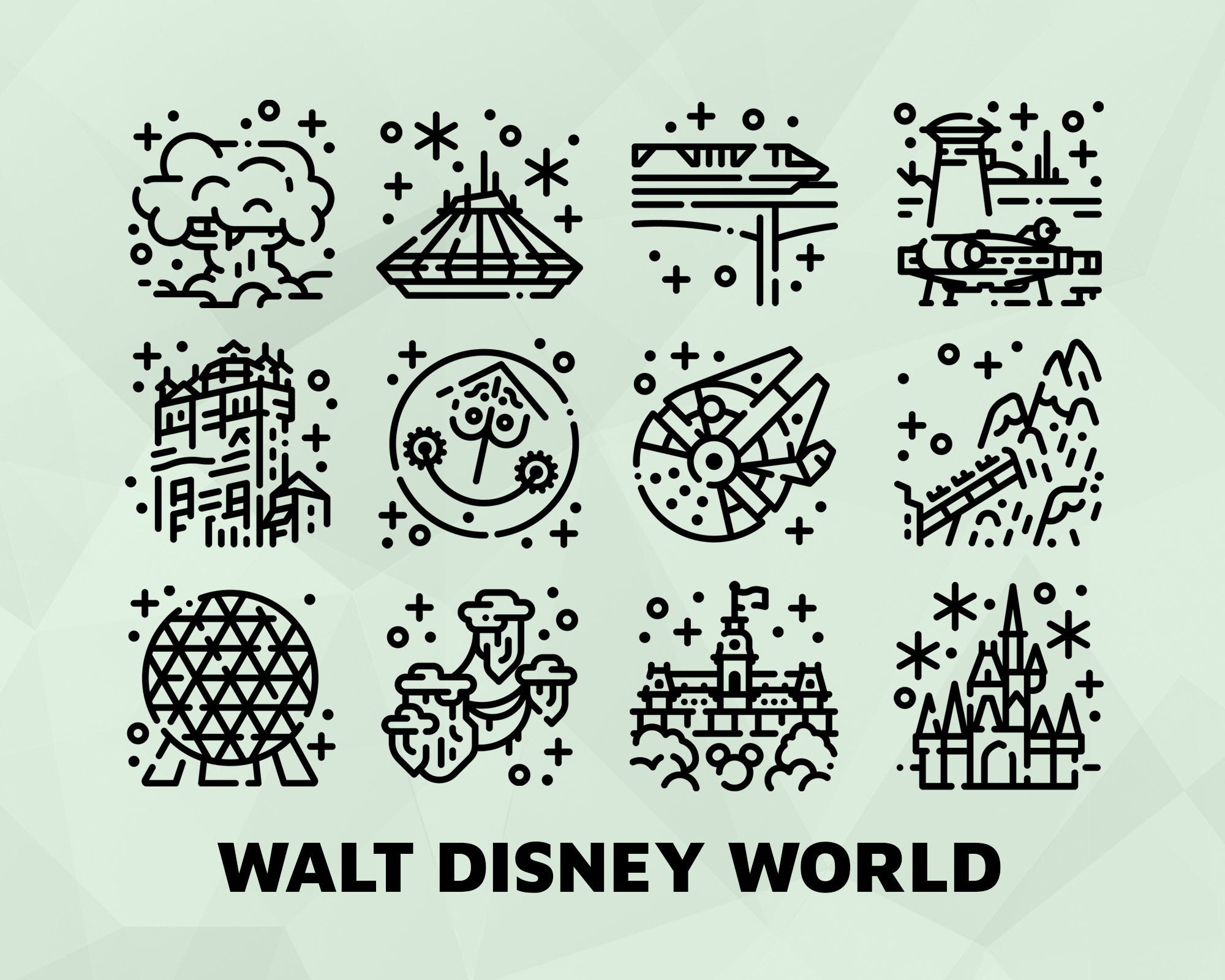 Disneyland Florida Line Art Theme Parks Icon For Cricut SVG Bundle 12 Files