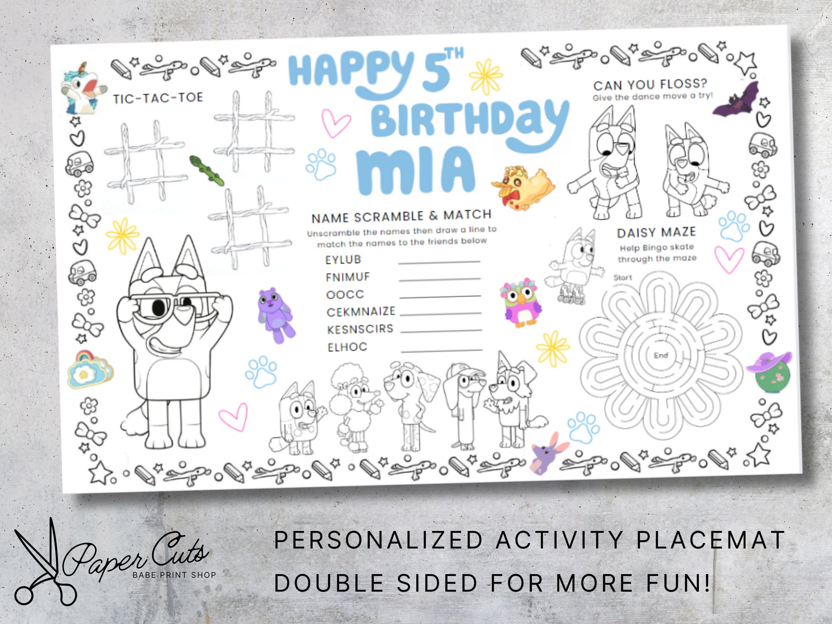 Personalized Bluey Birthday Activity Sheet | Dog Party Favor | Coloring Placemat Download