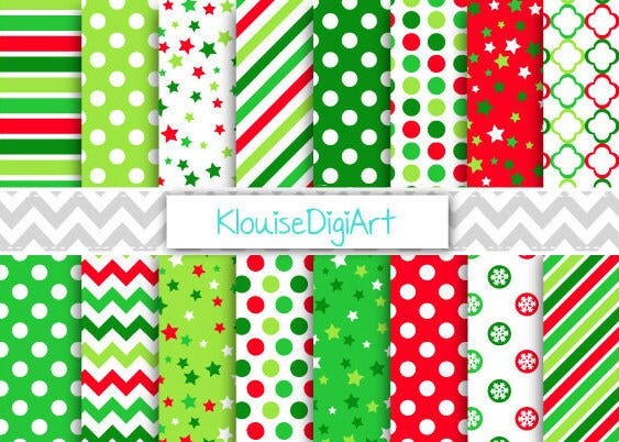 Bright Red and Green Christmas Digital Printable Papers with Stars, Stripes, Chevrons, Polka Dots