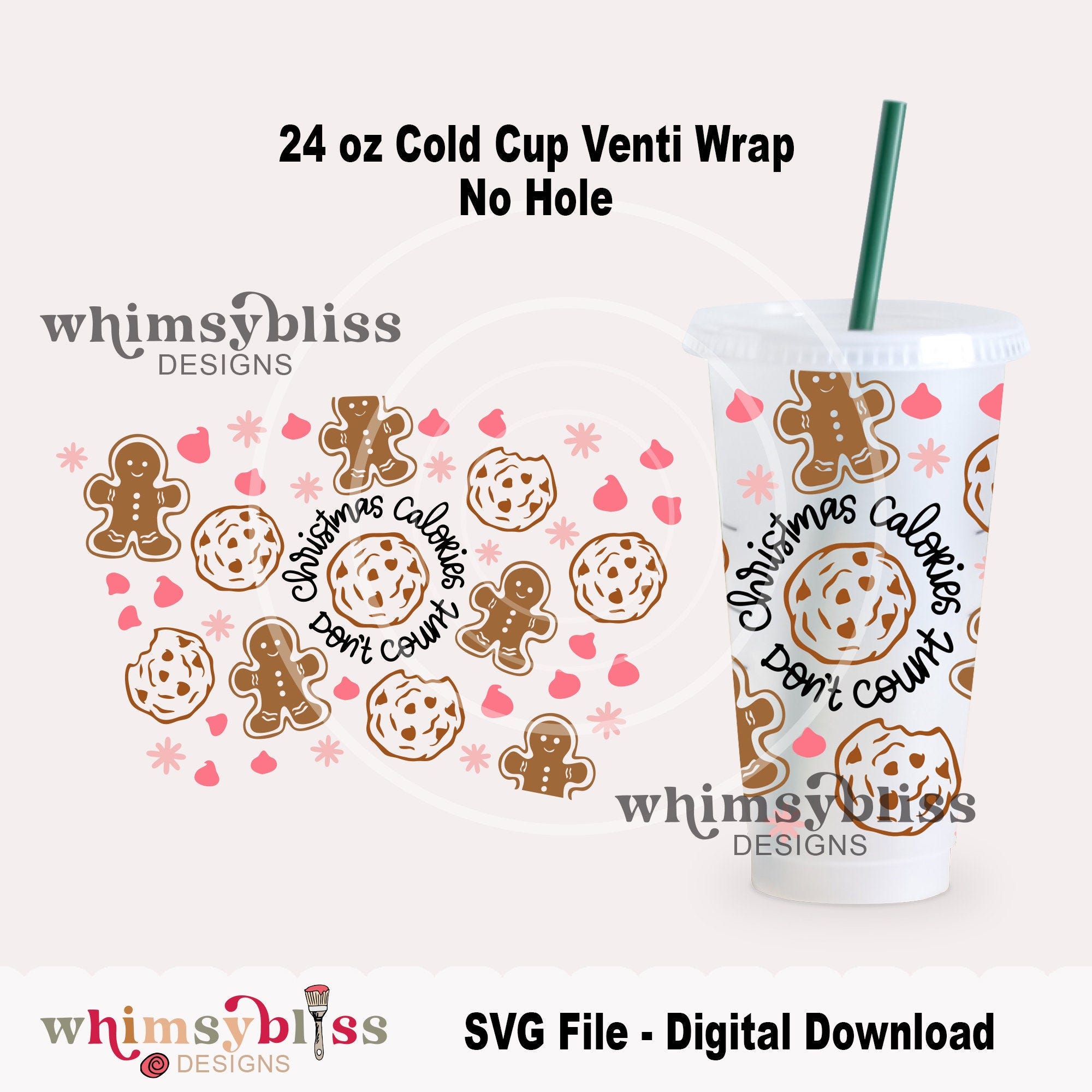 Gingerbread Cookies No Hole Venti Wrap, SVG File for cutting machine, Christmas Cookies coffee wrap seamless, Calories don