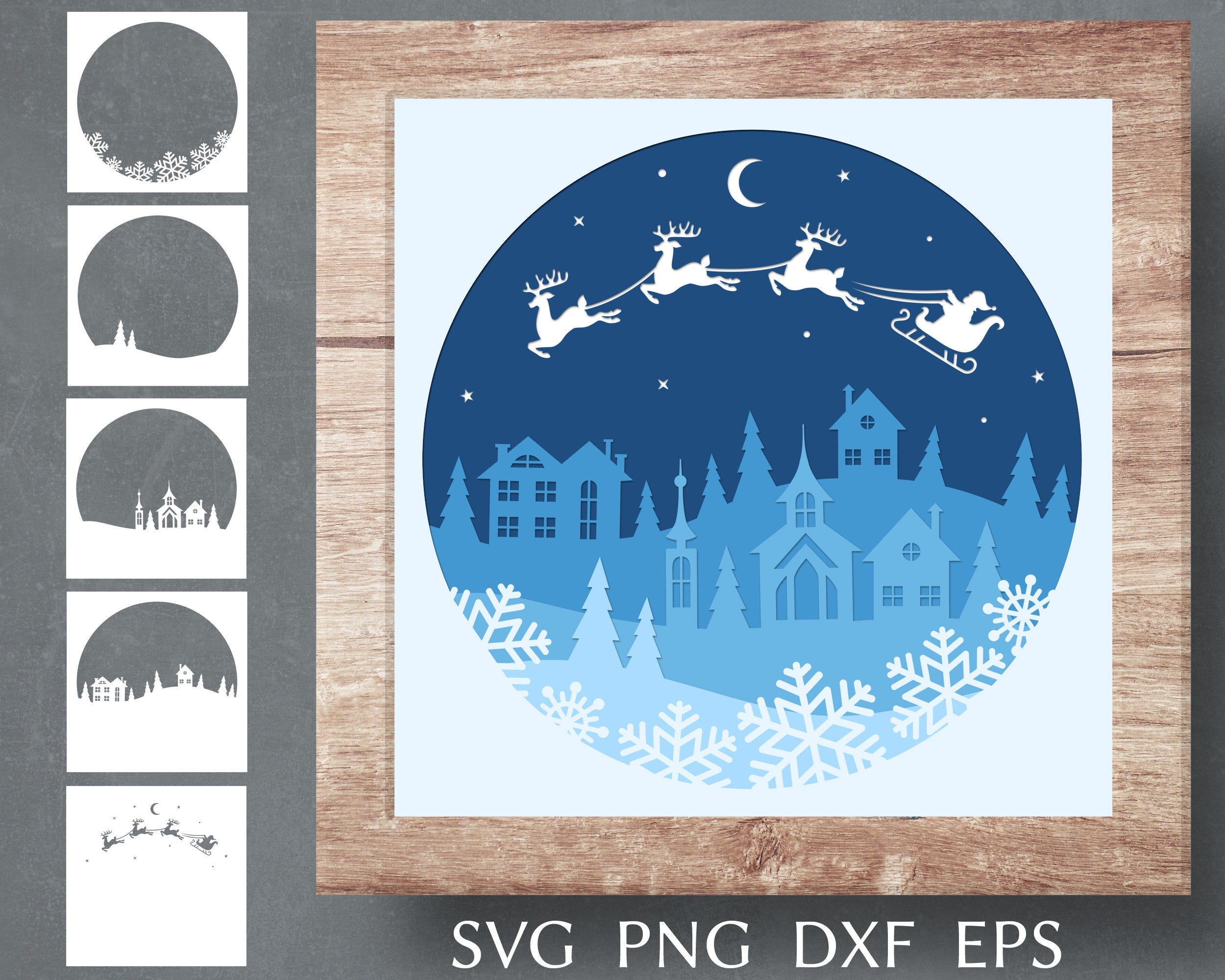 Christmas shadow box svg cut file for cricut, 3d papercut svg template, layered shadow box with reindeer and santa sleigh png dxf, decor svg