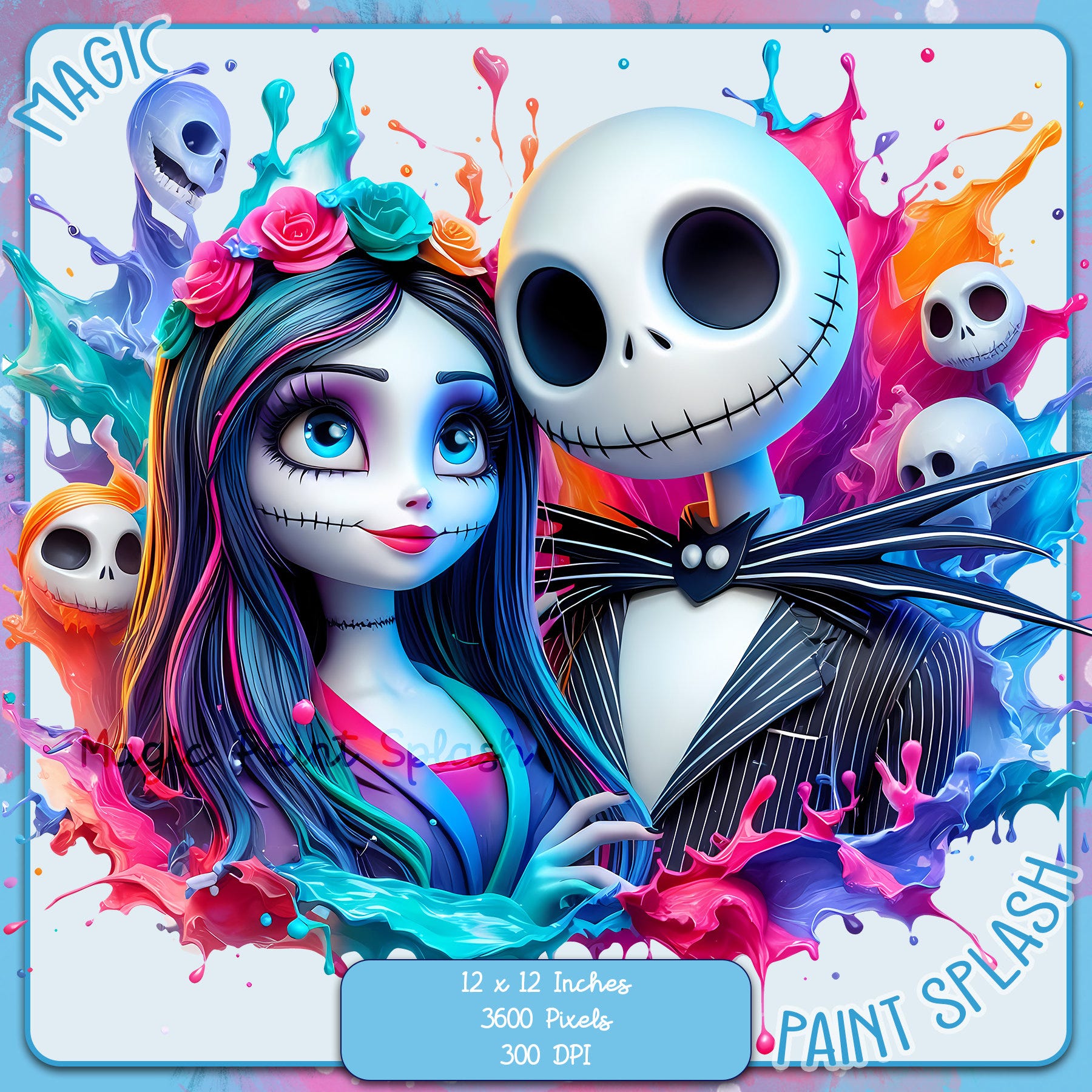 Jack and Sally Watercolor Splash, Clipart Images, Graphics and Artwork, Rainbow Aesthetic, PNG Christmas Nightmare Images