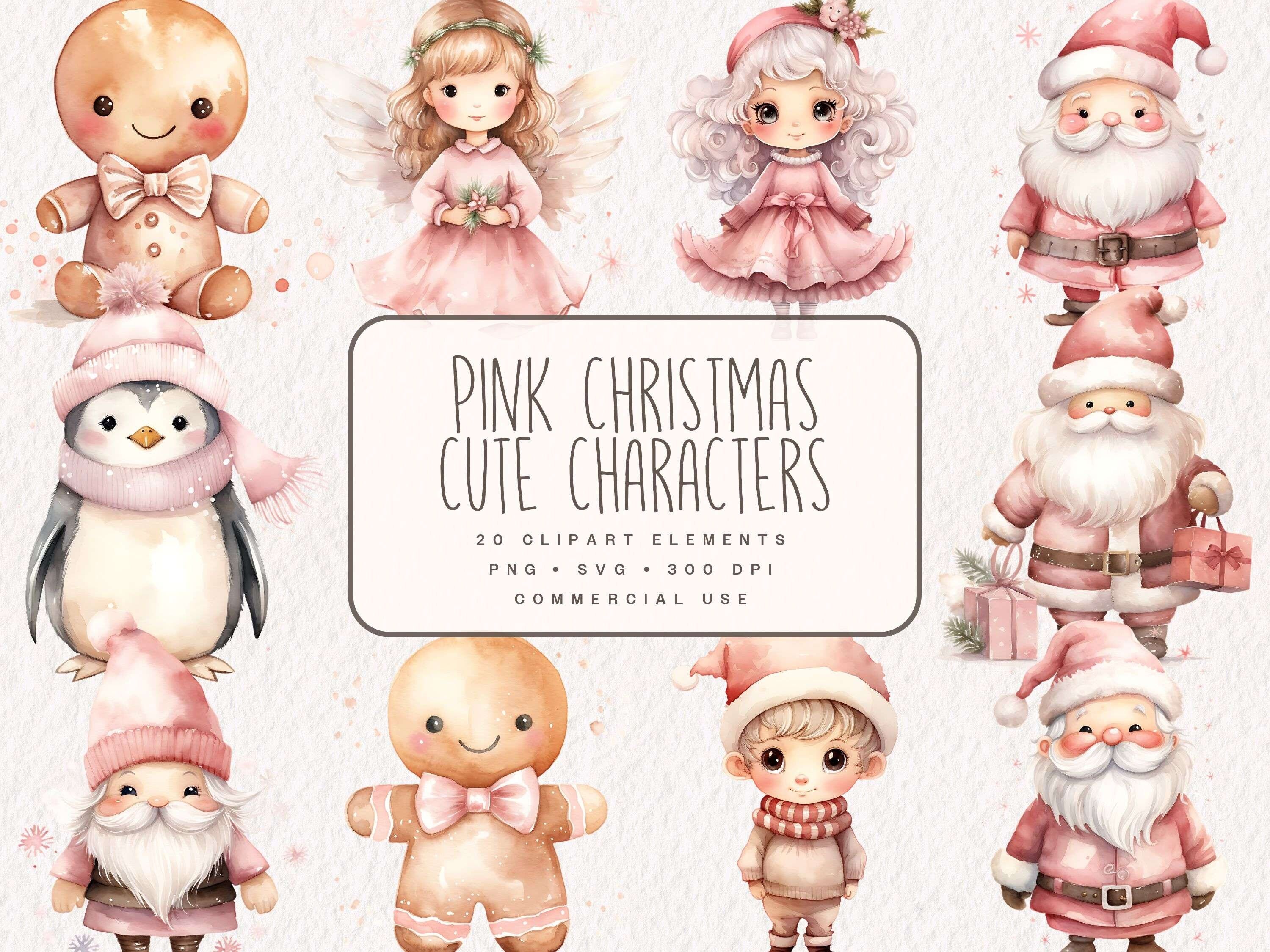 Christmas Cute Characters Clipart, Pink Watercolor Xmas clip art SVG and PNG Bundle, Santa Claus, Reindeer, Snowman, Elf, Gingerbread