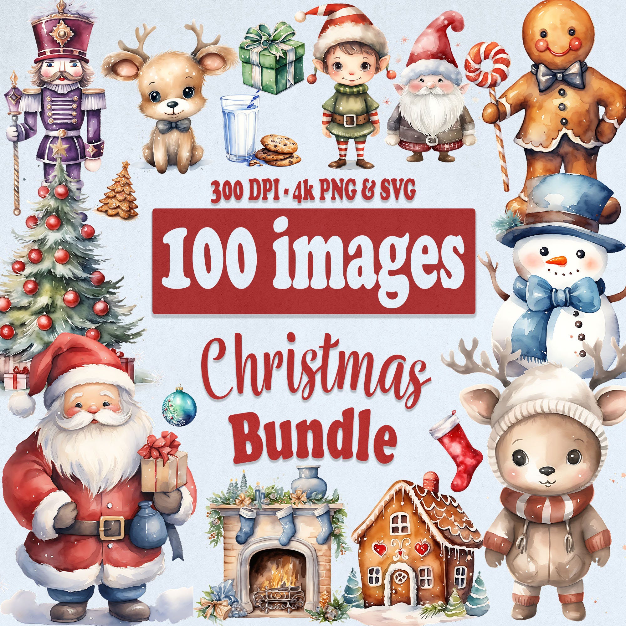 Watercolor Christmas Clipart Bundle, PNG & SVG XMAS Graphics, Cute Santa Claus Reindeer Tree Snowman for commercial use Instant Download