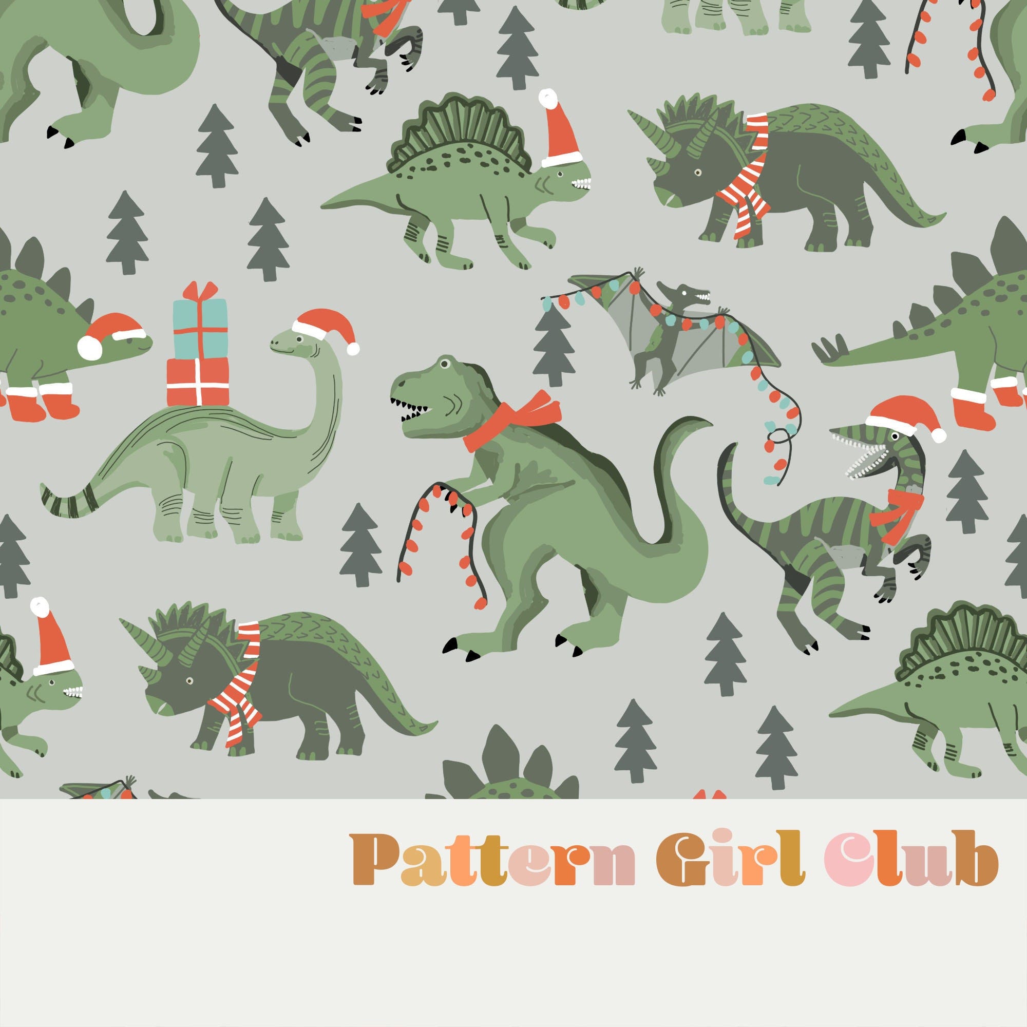 Christmas Dino Holiday Kids Seamless Repeat Pattern Boho Neutral for Commercial Use