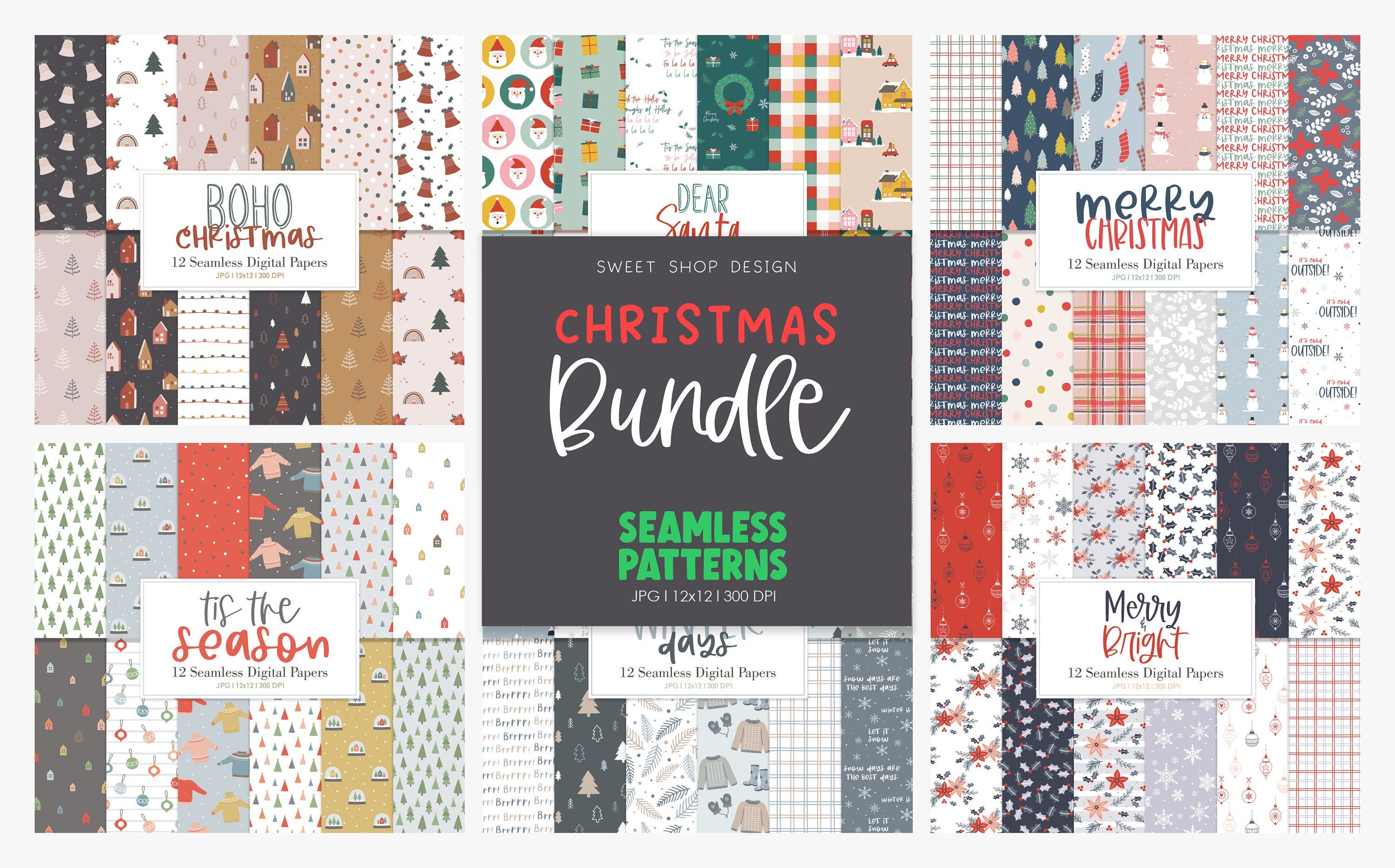 Seamless Patterns Bundle Vol 1, Christmas Patterns, Backgrounds, Printable Digital Papers