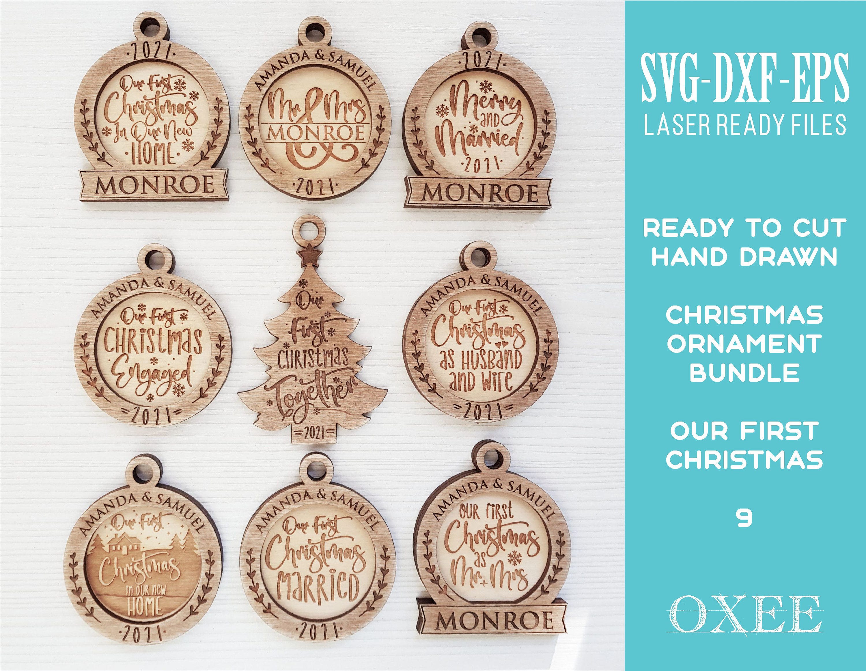 Our First Christmas ornament SVG bundle by Oxee, Christmas tree ornament svg, Mr and Mrs ornament svg bundle, Glowforge svg, Laser cut file
