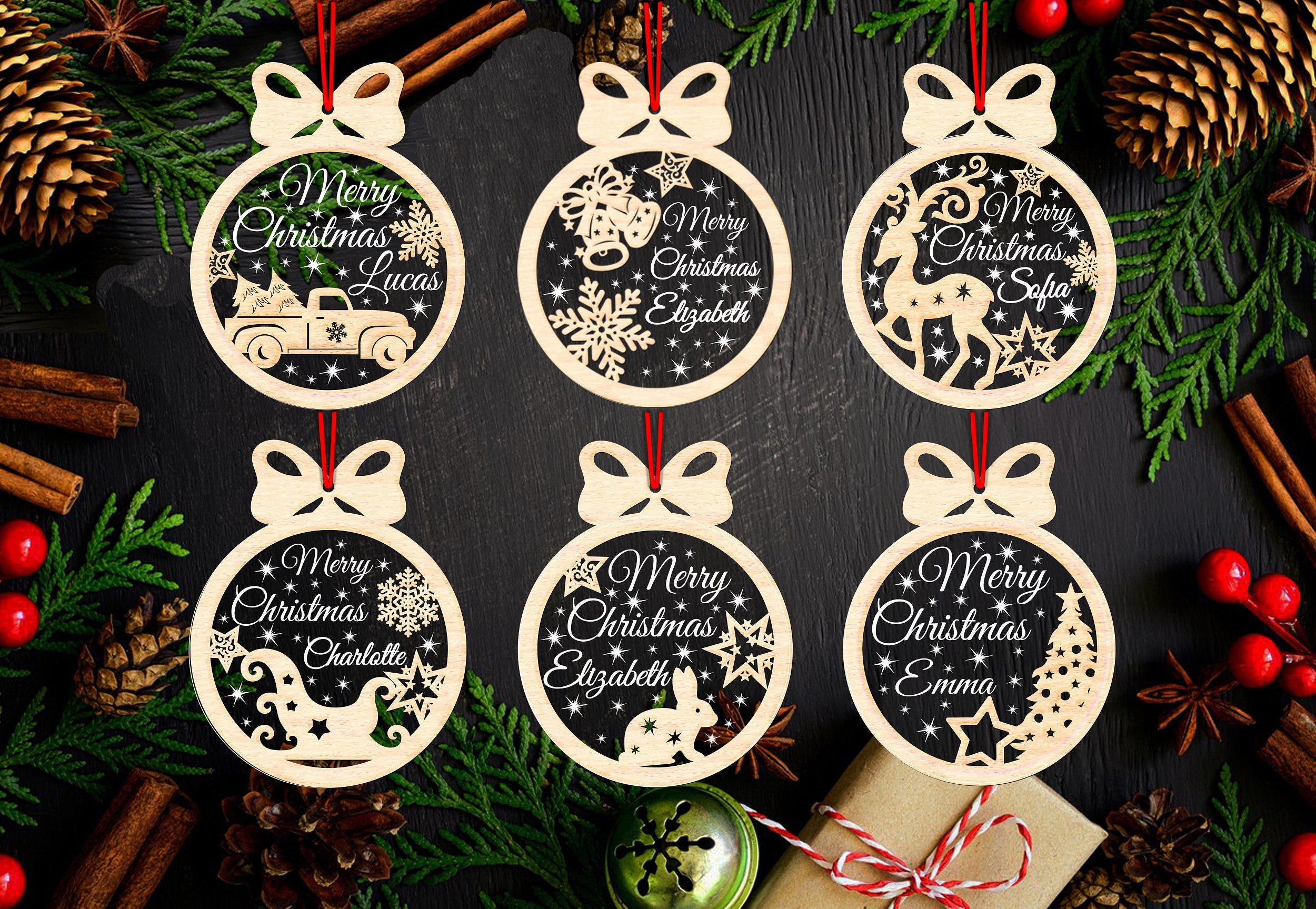 Acrylic Christmas Ornaments SVG Laser Cut Files, Personalizable 6 Designs For Christmas Tree Ornaments With Editable Text, Christmas Toys