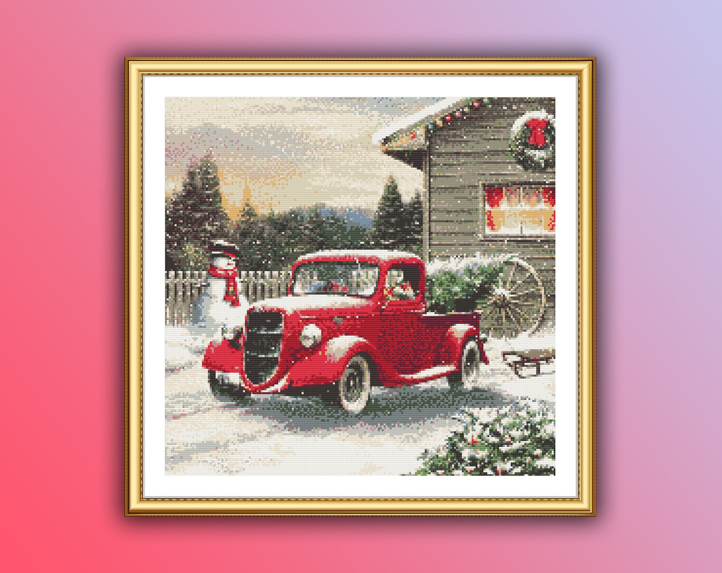 Christmas Red Truck Counted Cross Stitch Pattern, Christmas Tree, Christmas Landscape, Merry Christmas, Christmas Hand Embroidery Chart