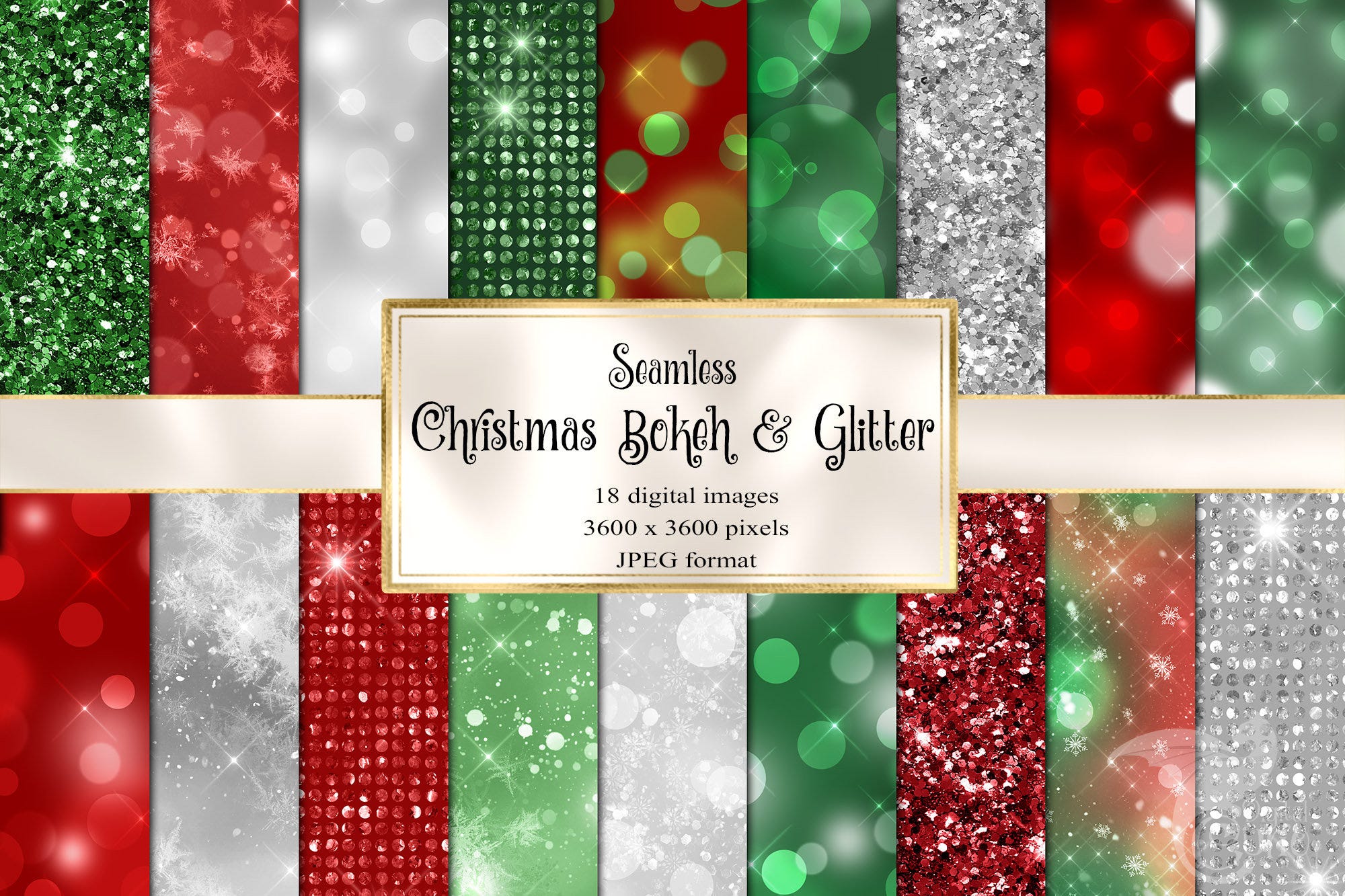 Christmas Bokeh and Glitter Digital Paper - Sparkle Backgrounds, Red, Green and Silver Glitter Bokeh Printable Digital Scrapbook Paper