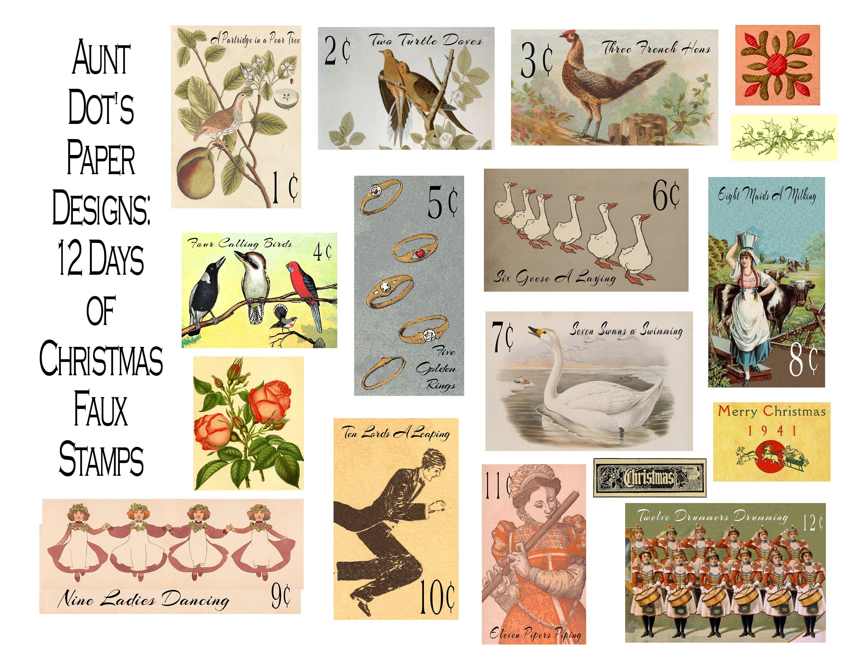 12 Days of Christmas Faux Stamps  Digital Download