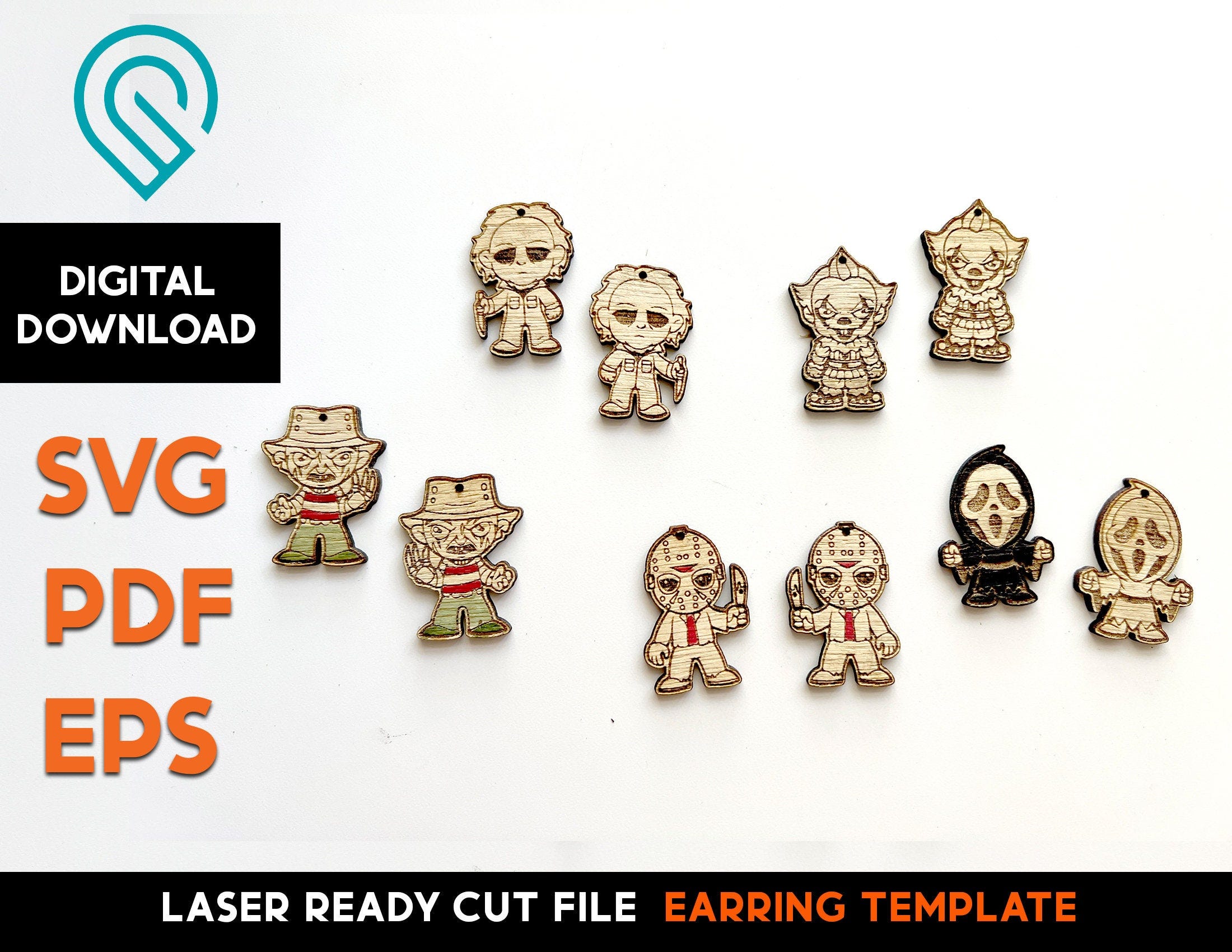 Horror Halloween KillerEarrings - Laser Cut SVG File - Glowforge Ready - Jewelry Template - Knife, blood, mask