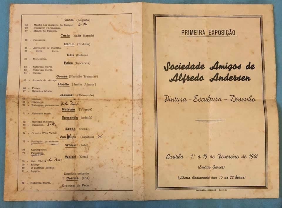 Programa (capa e verso) da Primeira Exposição da Sociedade Amigos de Alfredo Andersen, Curitiba, 1941. A grafia errada do nome (Vam Hille), corrigida a mão por Jacobus em seu próprio folheto, apagou a participação de Jacobus dos anais oficiais.