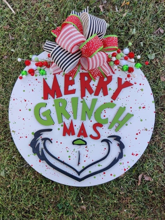 Merry Grinch Mas | Christmas | Doorhanger | Sign | Housewarming | Who | Holiday | Festive | Decoration | 3D | Whimsical | Winter | Gift