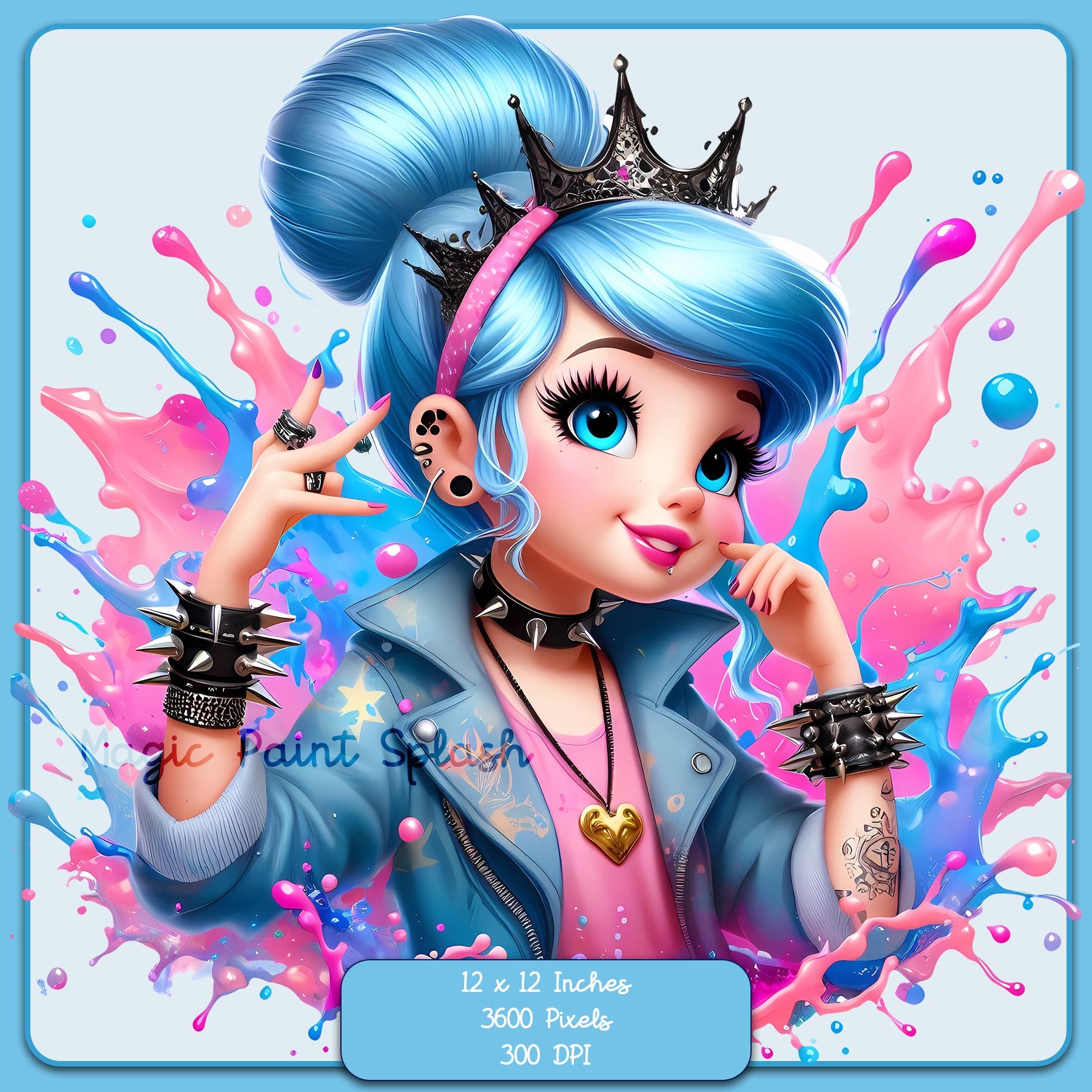 Cinderella Punk Rock Watercolor Splash, Clipart Images, Graphics and Artwork, Rainbow Aesthetic, PNG Cute Princess Images