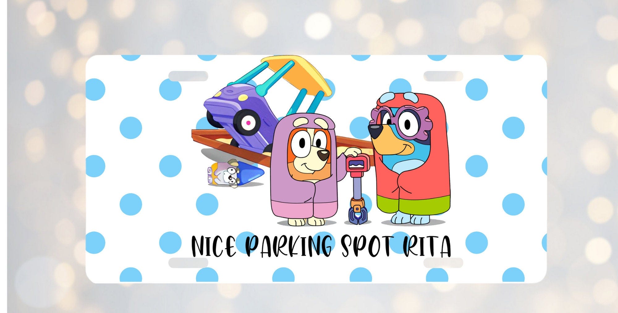 Bluey, Rita and Janet blue polka dot license plate, Nice Parking Spot Rita, Regular sized or Mini sized plates, car accessories